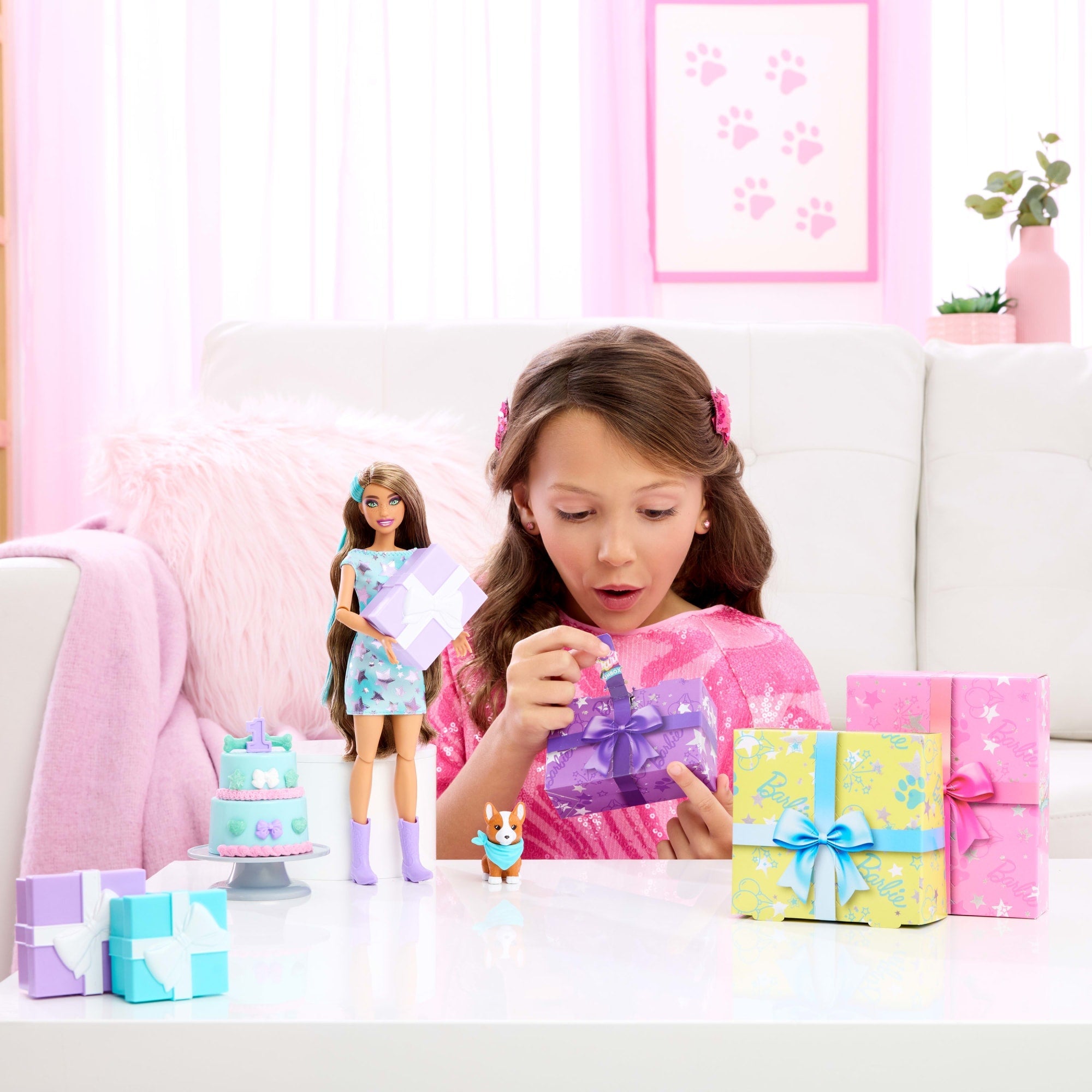 Barbie Party Unboxed Pet Birthday Series Doll & Accessories, Party Stars Set With 10 Surprises