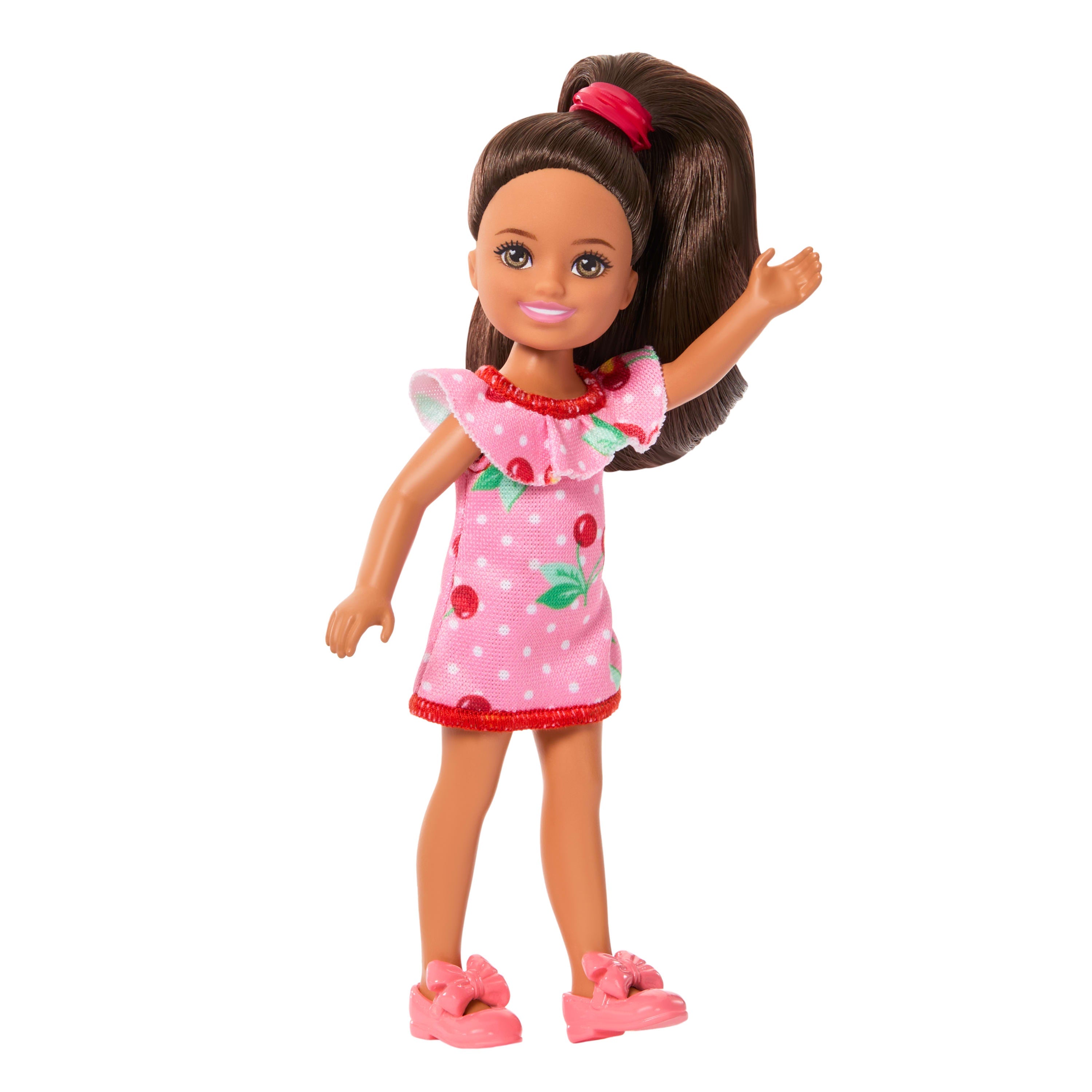 Barbie Club Chelsea Lula Small Doll, 6-inch With Brunette Hair in Cherry-Print Dress & Sandals