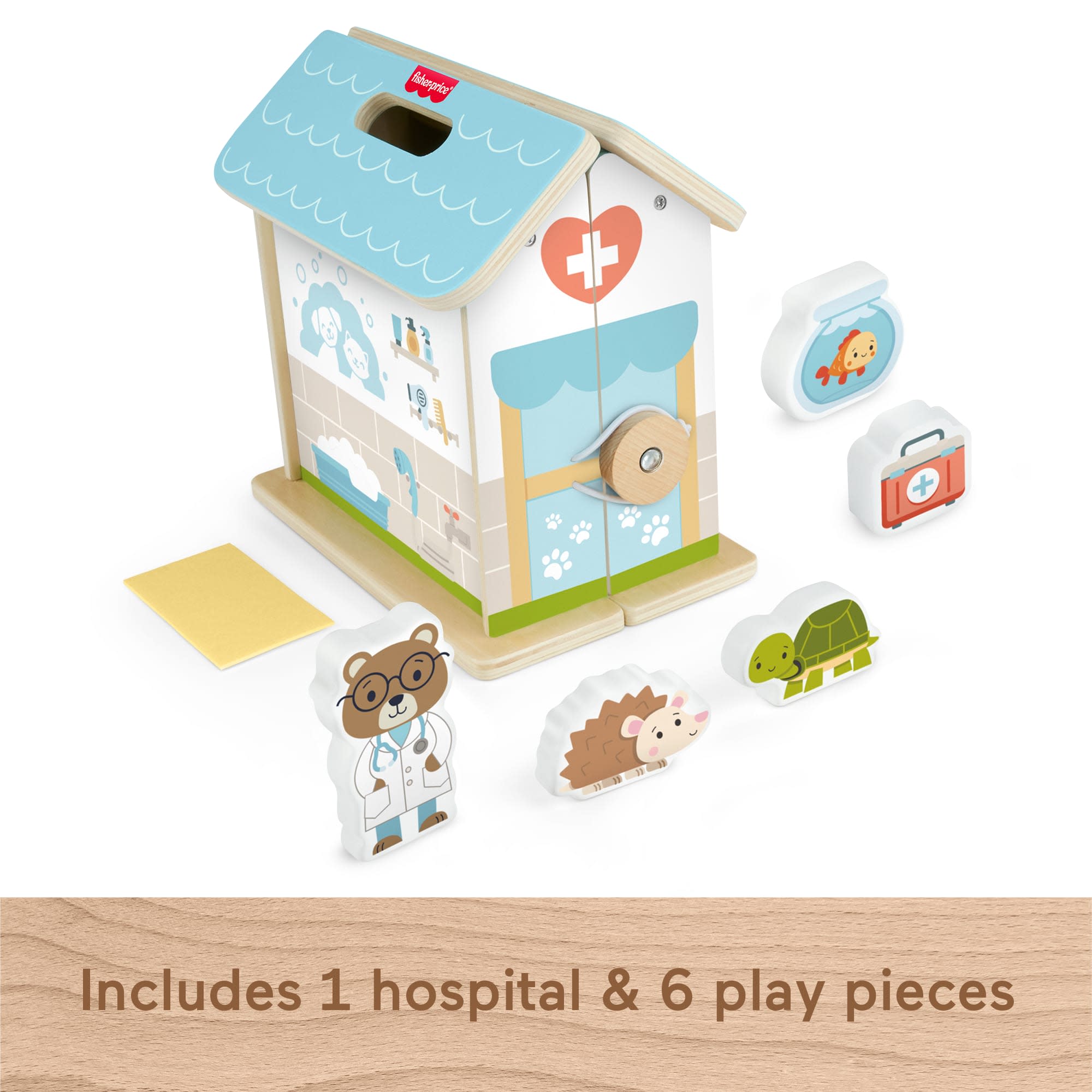 Fisher-Price Wooden On-The-Go Pet Animal Hospital With 6 Play Pieces For Preschool Kids