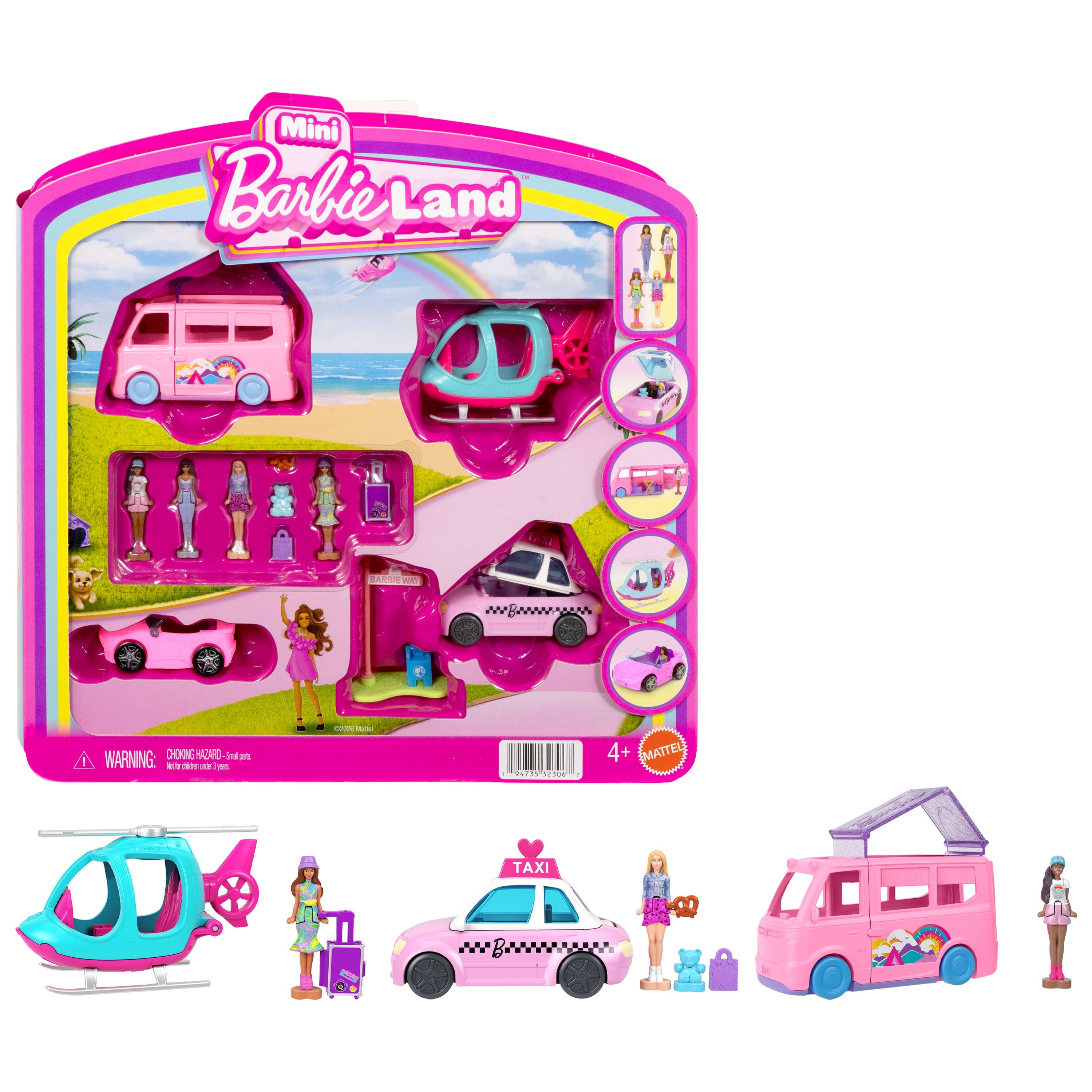 Barbie Mini Barbie Land 4-Pack Doll & Vehicle Set, 4 1.5-Inch Dolls, 4 Toy Vehicles & Accessories