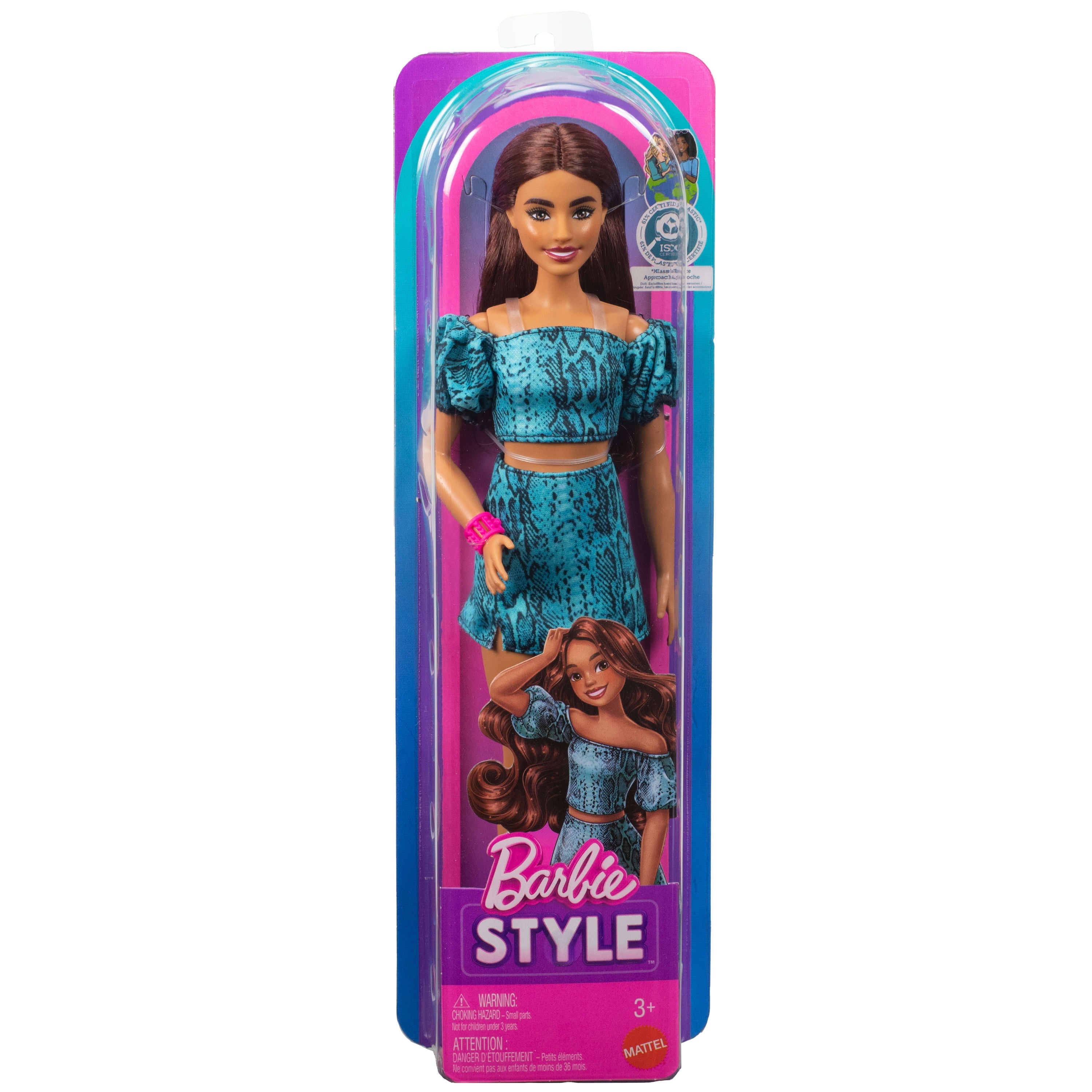 Barbie Fashionistas Style Doll #250 in Turquoise Snake Print Skirt, Turquoise Snake Print Top, Brown Hair