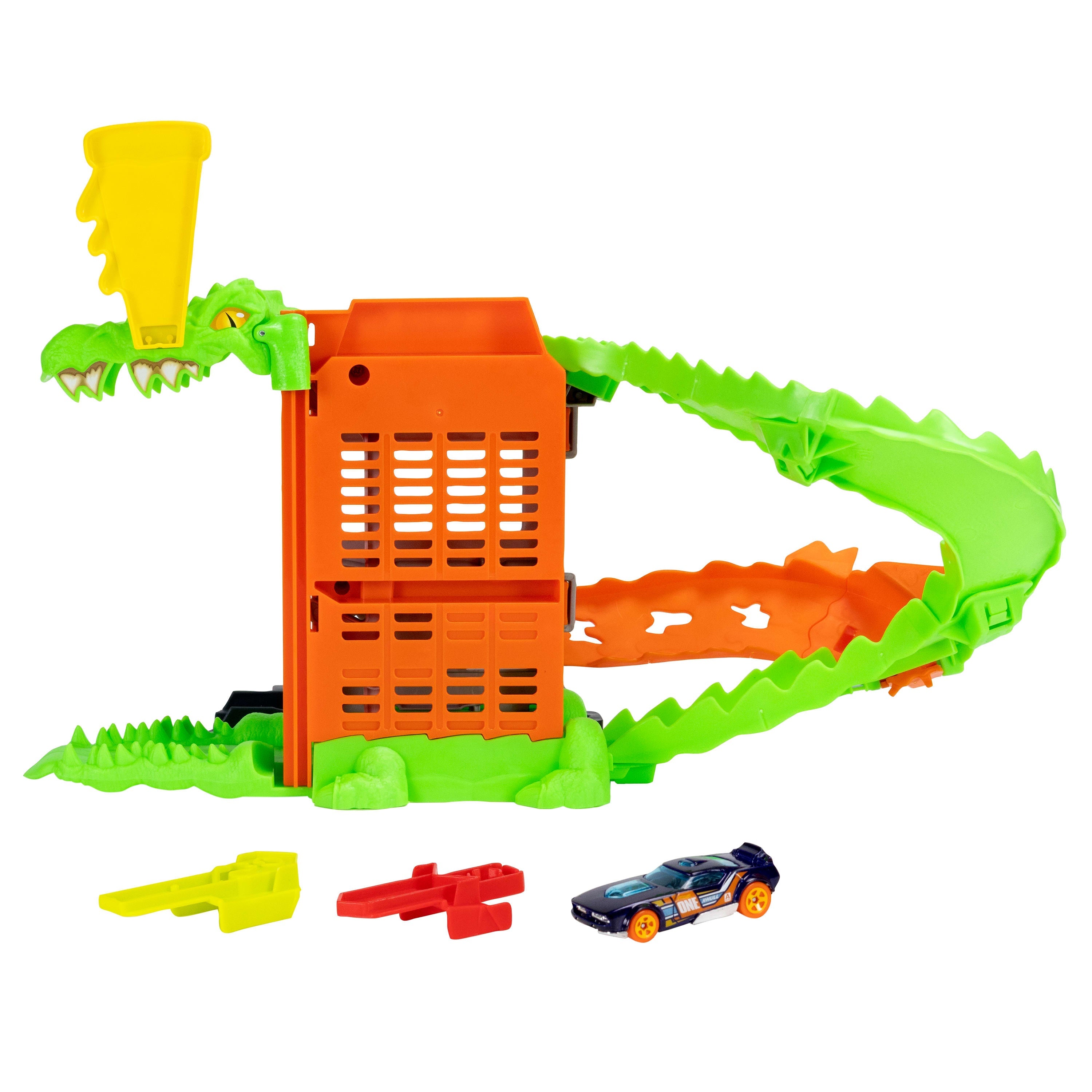 Hot Wheels City Croc Pizza Attack Playset & 1:64 Scale Toy Car, Speed Snap Track Compatible