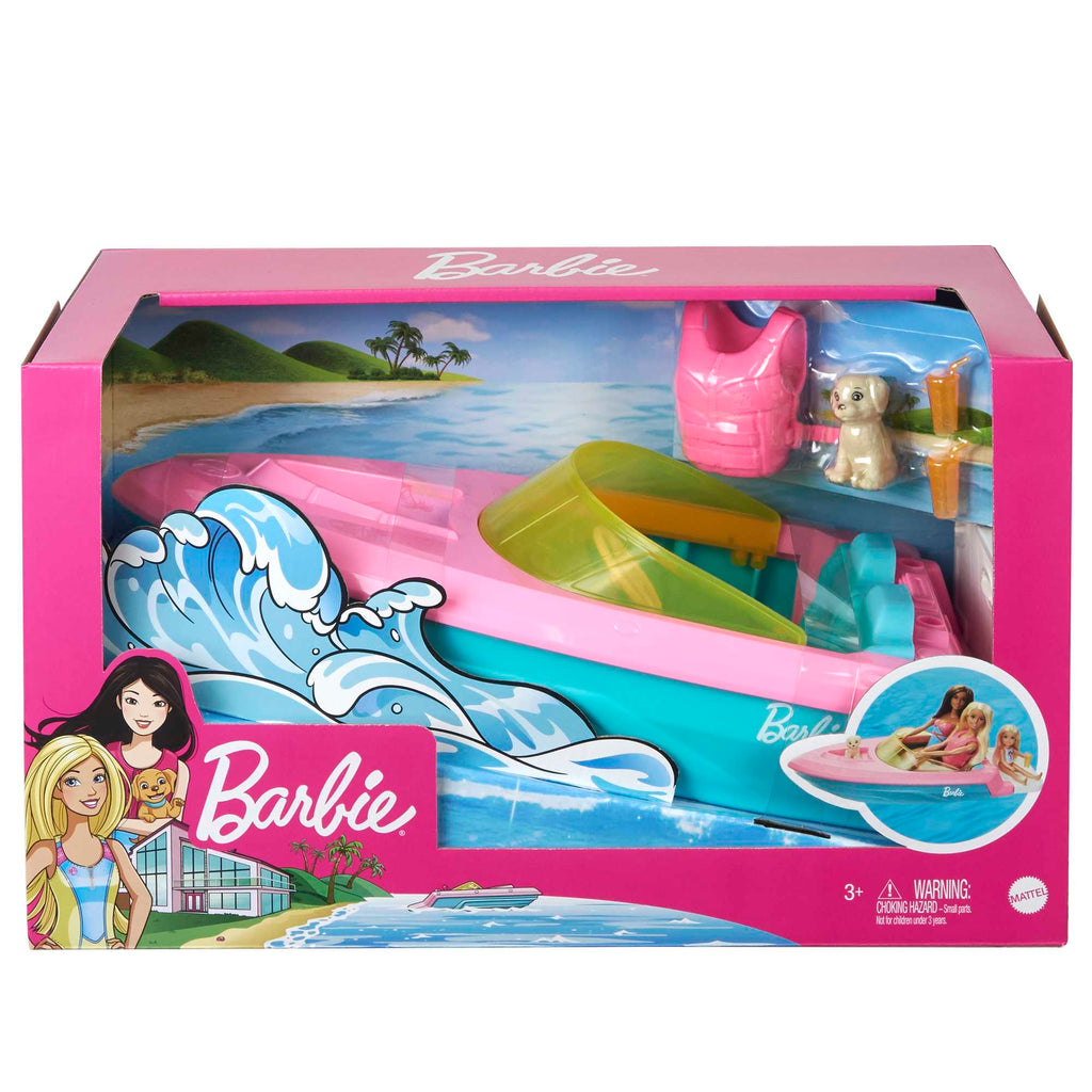 Barbie Boat With Puppy And Accessories, Fits 3 Dolls, Floats in Water, 3 To 7 Year Olds