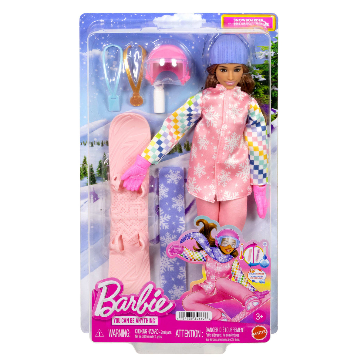 Barbie Careers Snowboarder Doll in Pink Jacket With 10+ Accessories Including Color-Change Snowboard