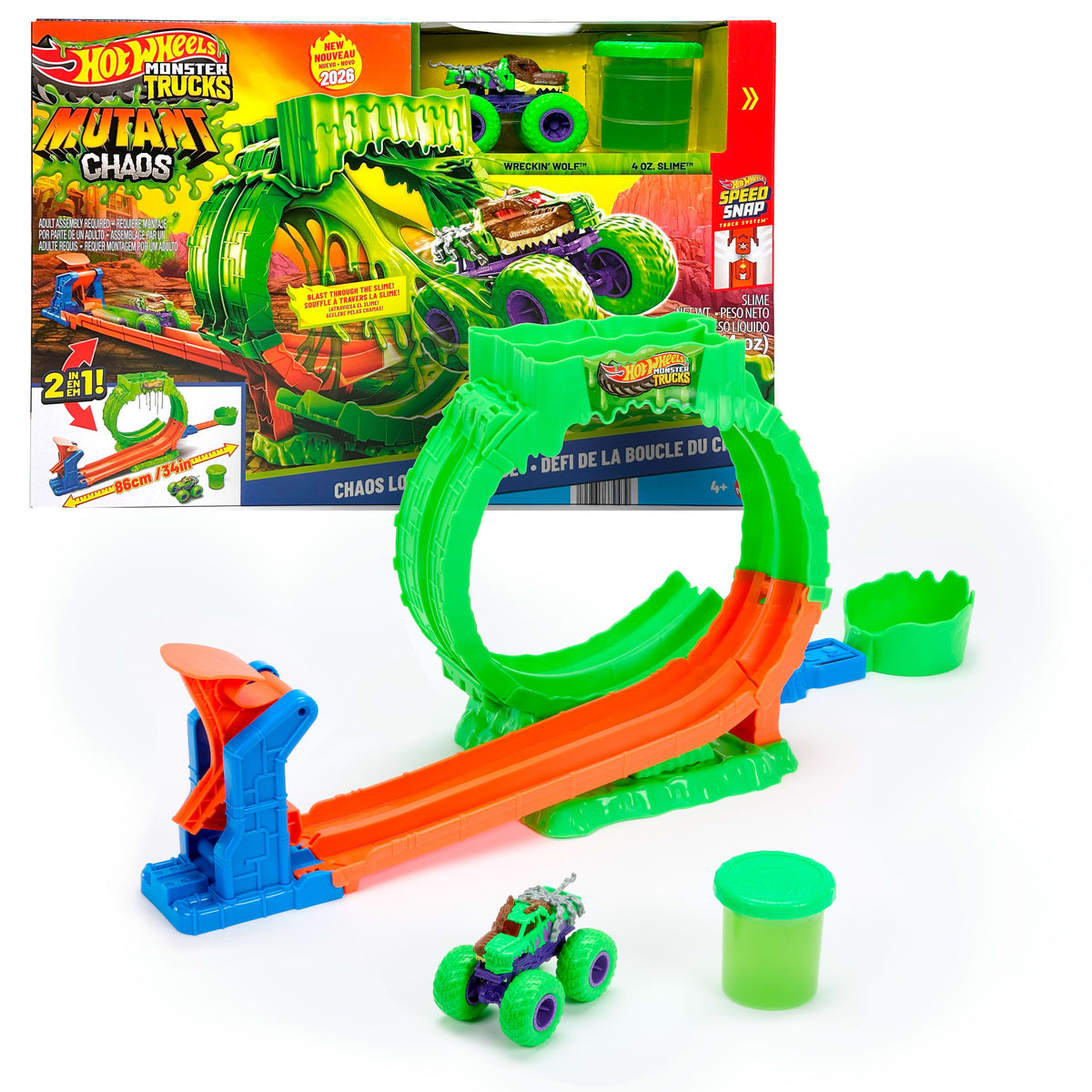 Hot Wheels Monster Trucks Mutant Chaos, Loop Challenge Playset With Wreckin’ Wolf Toy Truck & Slime