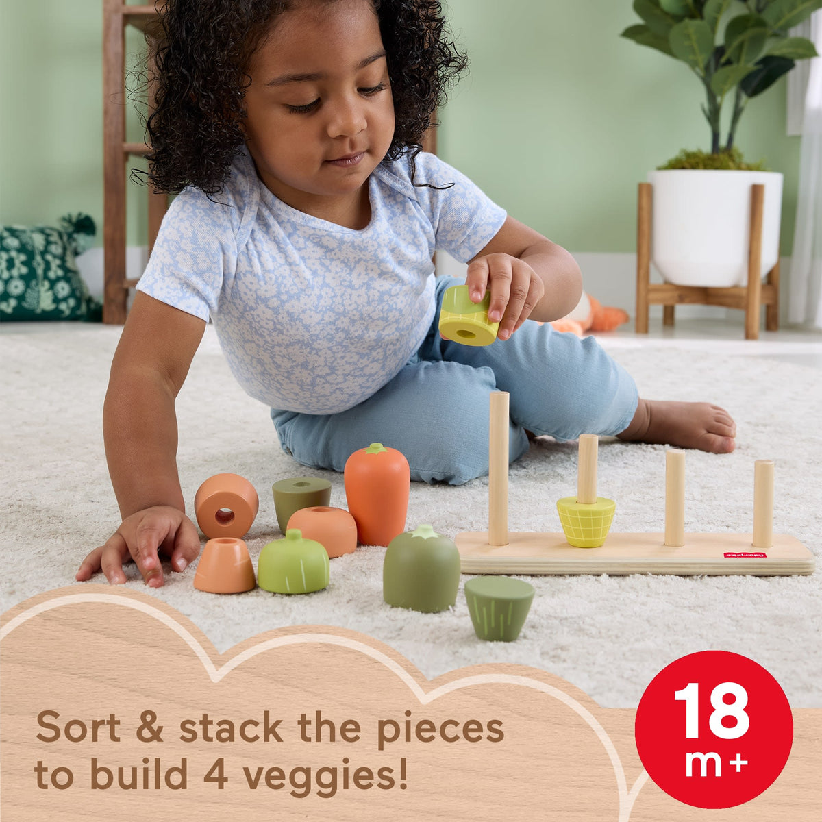 Fisher-Price Tiny Garden Wooden Veggie Stacker Toddler Activity Toy, 11 Wood Pieces