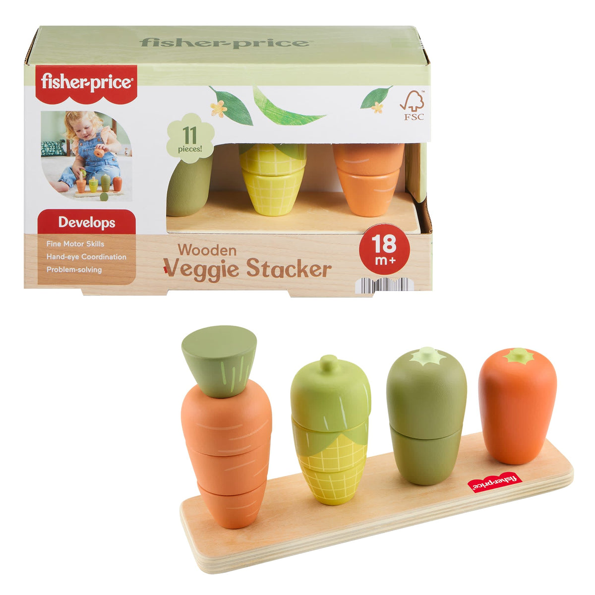 Fisher-Price Tiny Garden Wooden Veggie Stacker Toddler Activity Toy, 11 Wood Pieces