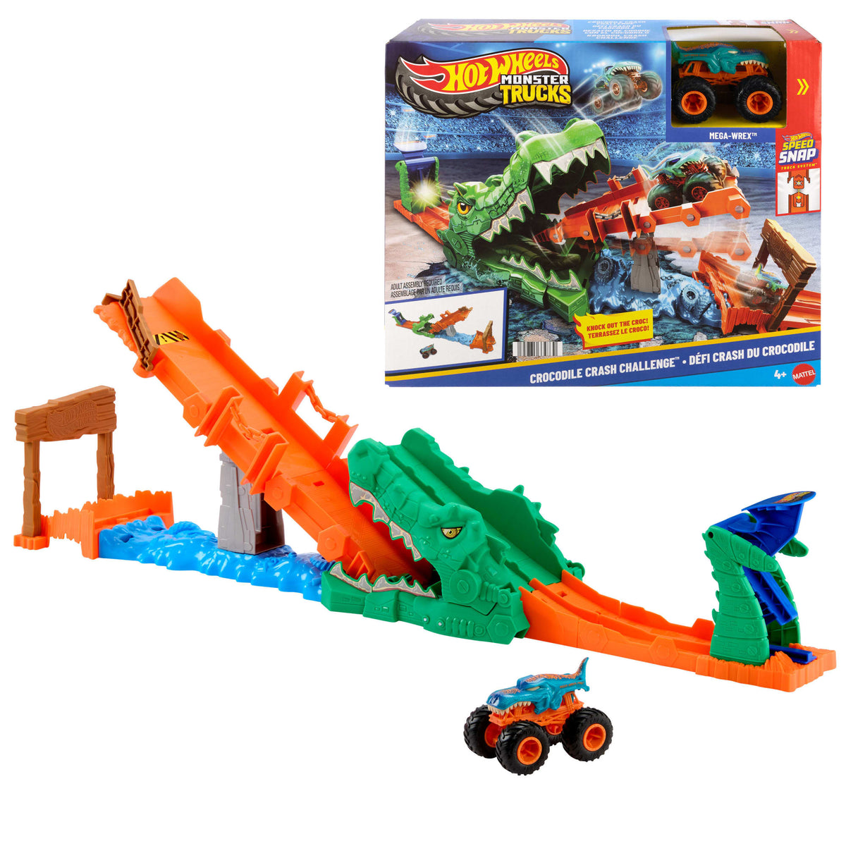 Coffret de Jeu Défi Attaque du Crocodile Monster Trucks Hot Wheels et Véhicule Mega-Wrex à L’Échelle 1:64
