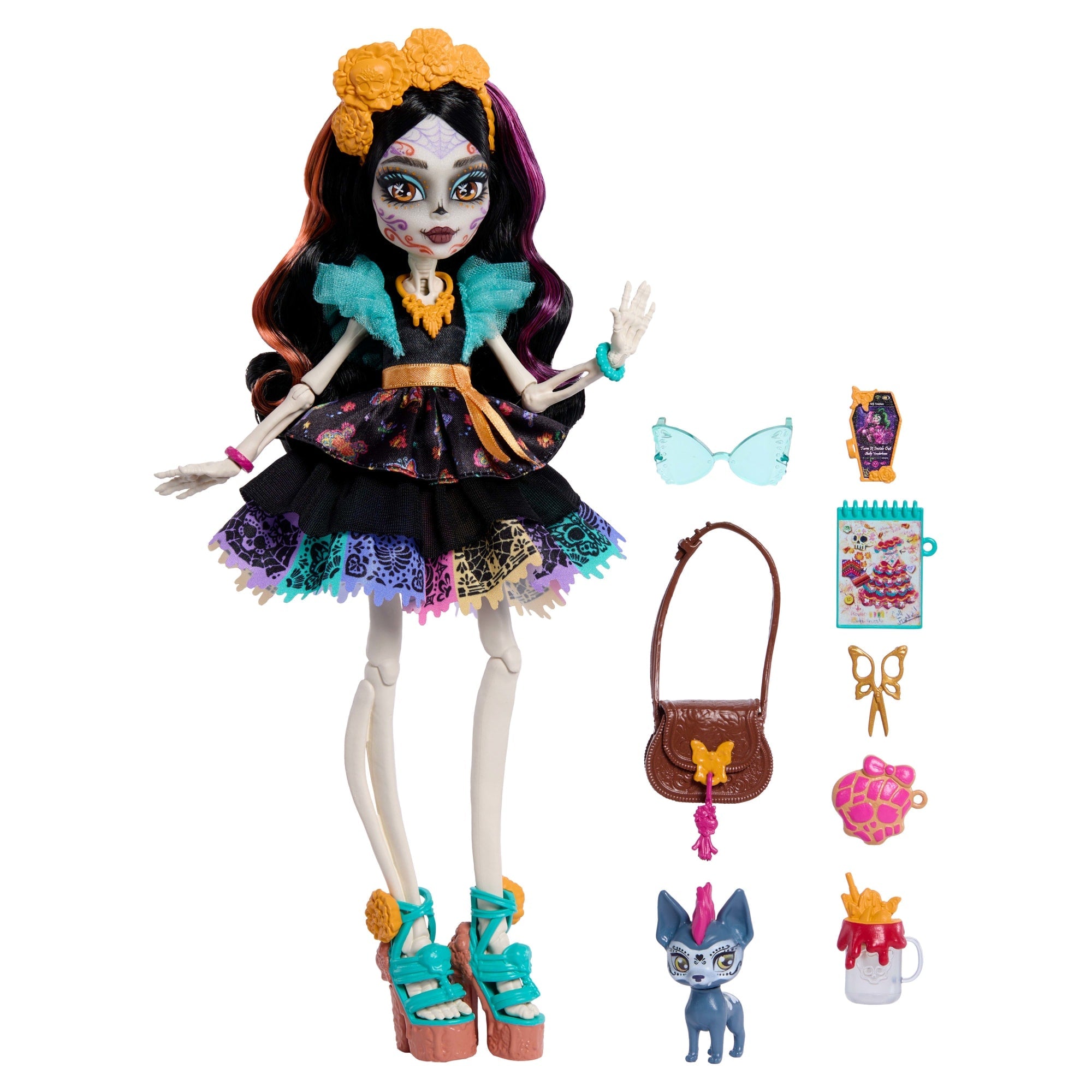 Monster High Skelita Calaveras Fashion Doll in Ruffled Dress With Pet Candelita And 7 Accessories
