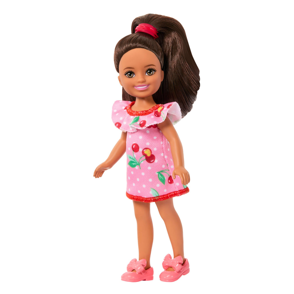 Barbie Club Chelsea Lula Small Doll, 6-inch With Brunette Hair in Cherry-Print Dress & Sandals