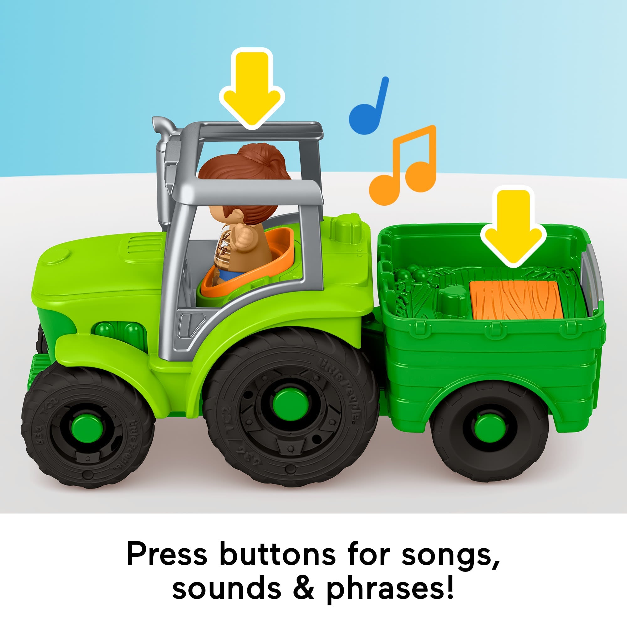 Fisher-Price Little People Push & Play Tractor, Musical Toy Farm Vehicle & 2 Figures For Toddlers