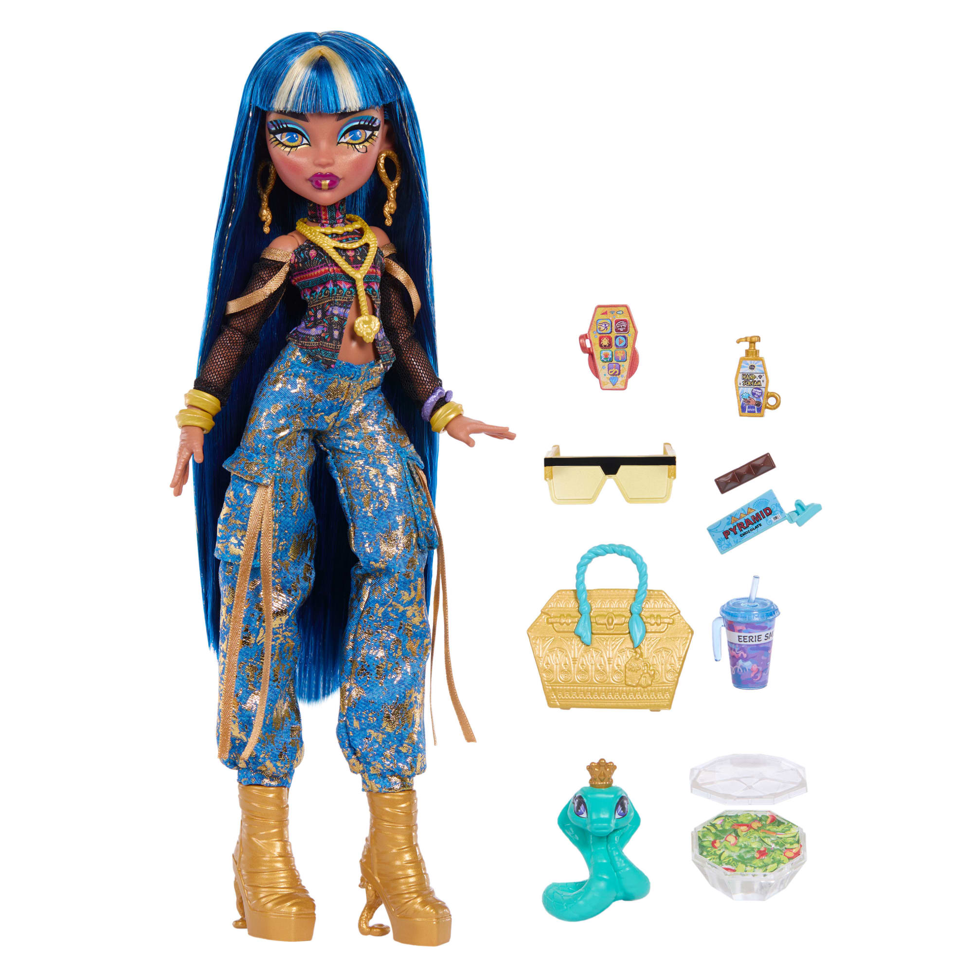 Monster High Cleo De Nile Fashion Doll in Cargo Pants With Pet Hissette And 7 Accessories
