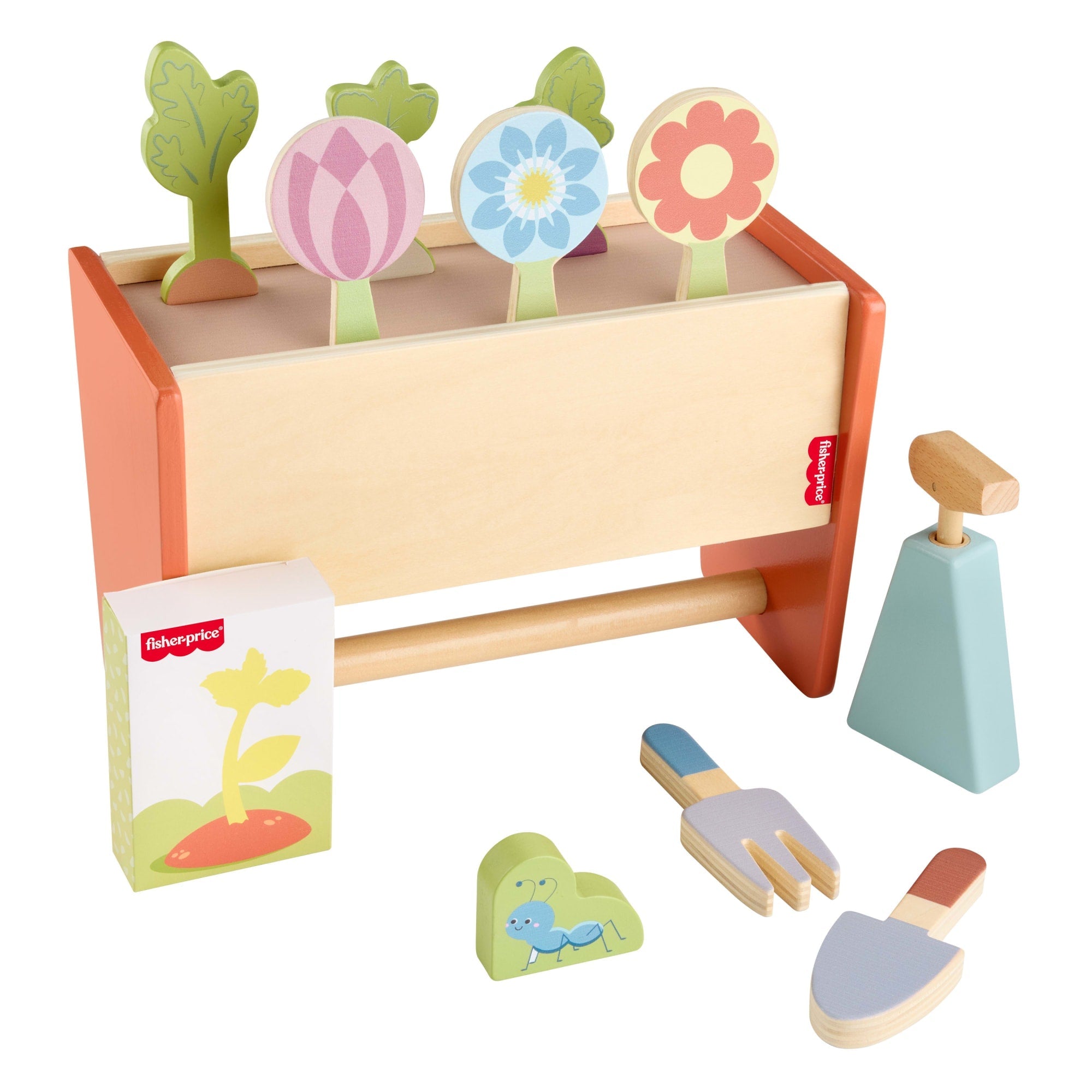 Fisher-Price Tiny Garden Wooden Garden Caddy Pretend Play Set With Tools For Kids, 12 Wood Pieces