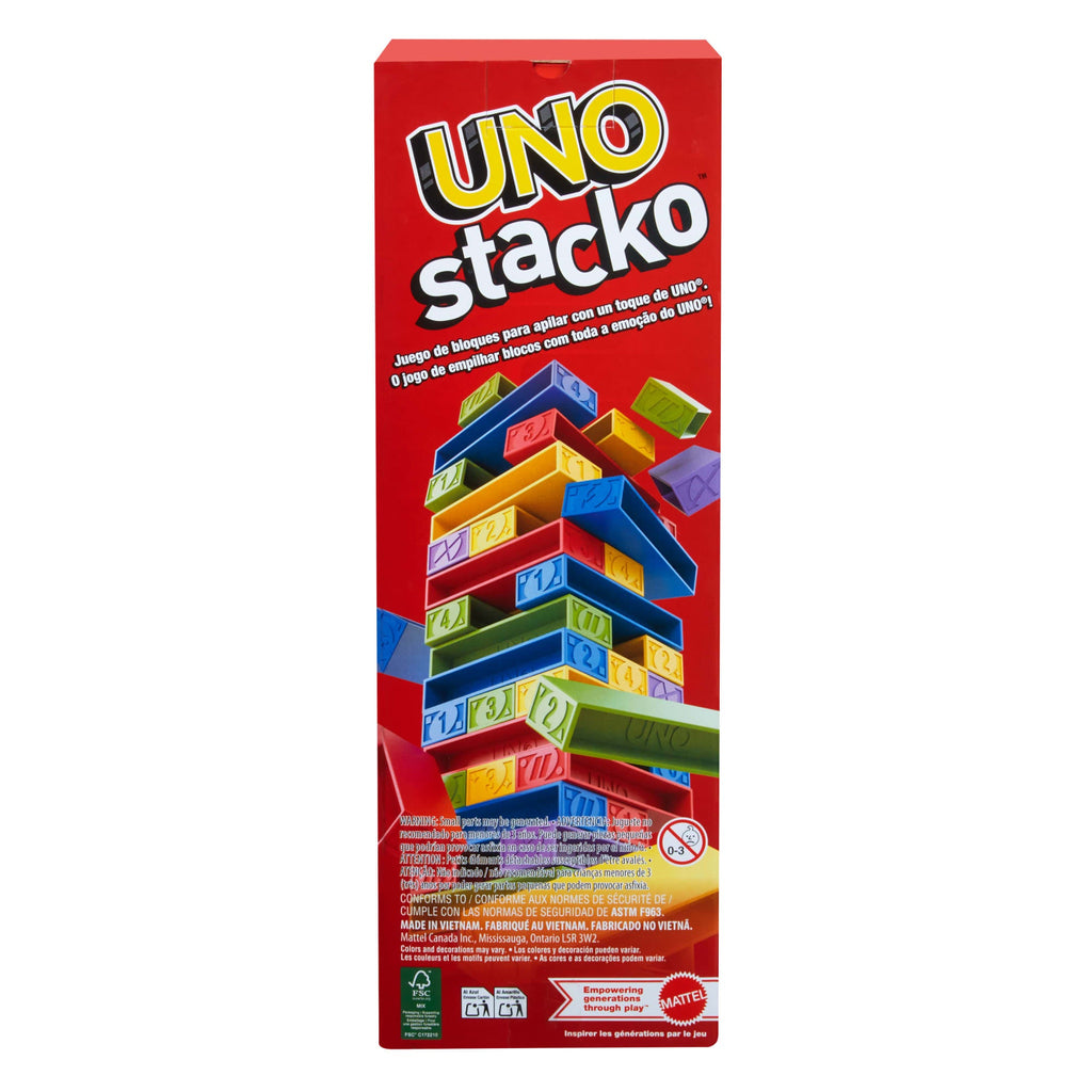 UNO Stacko Game For Kids & Family With 45 Colored Stacking Blocks & Tray