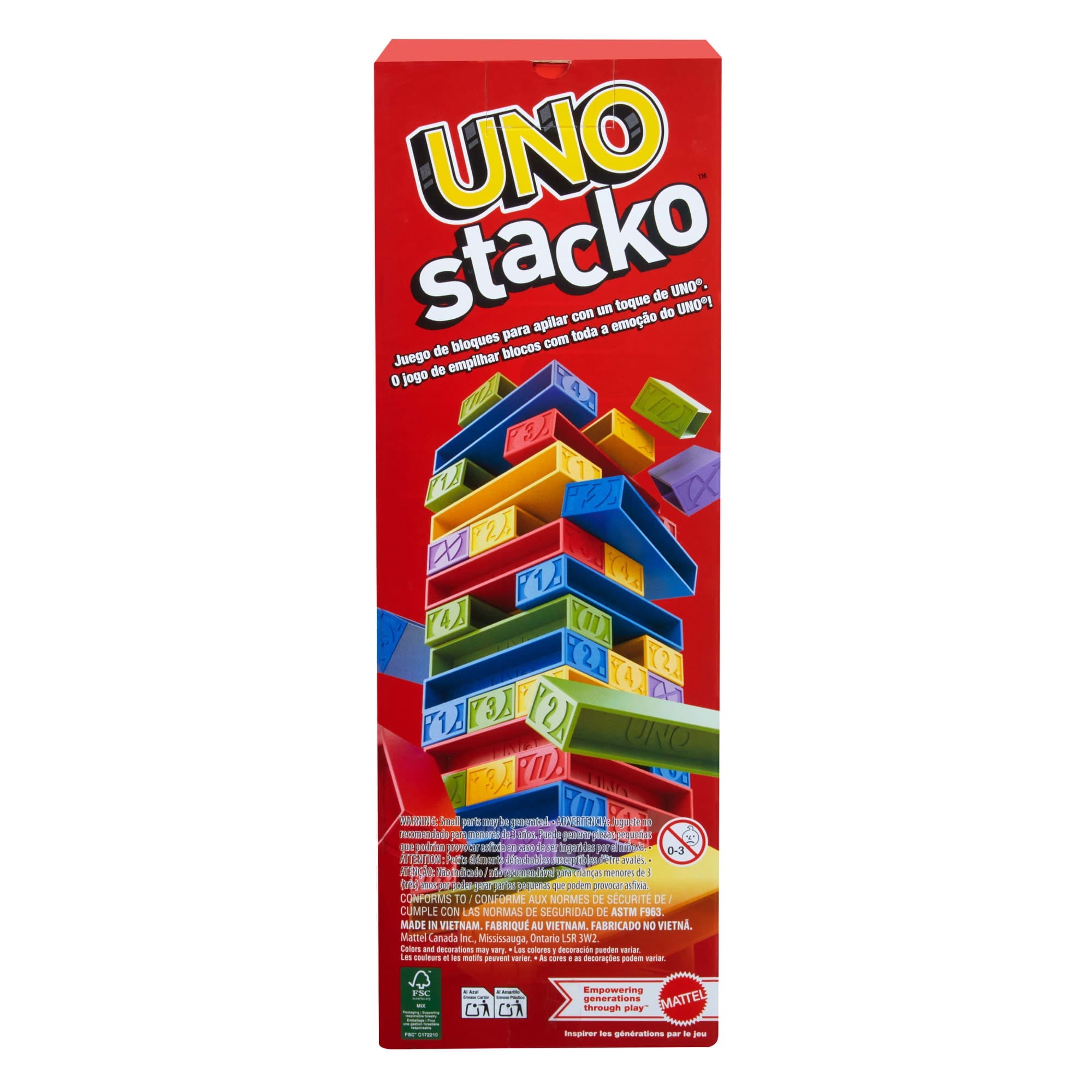 UNO Stacko Game For Kids & Family With 45 Colored Stacking Blocks & Tray