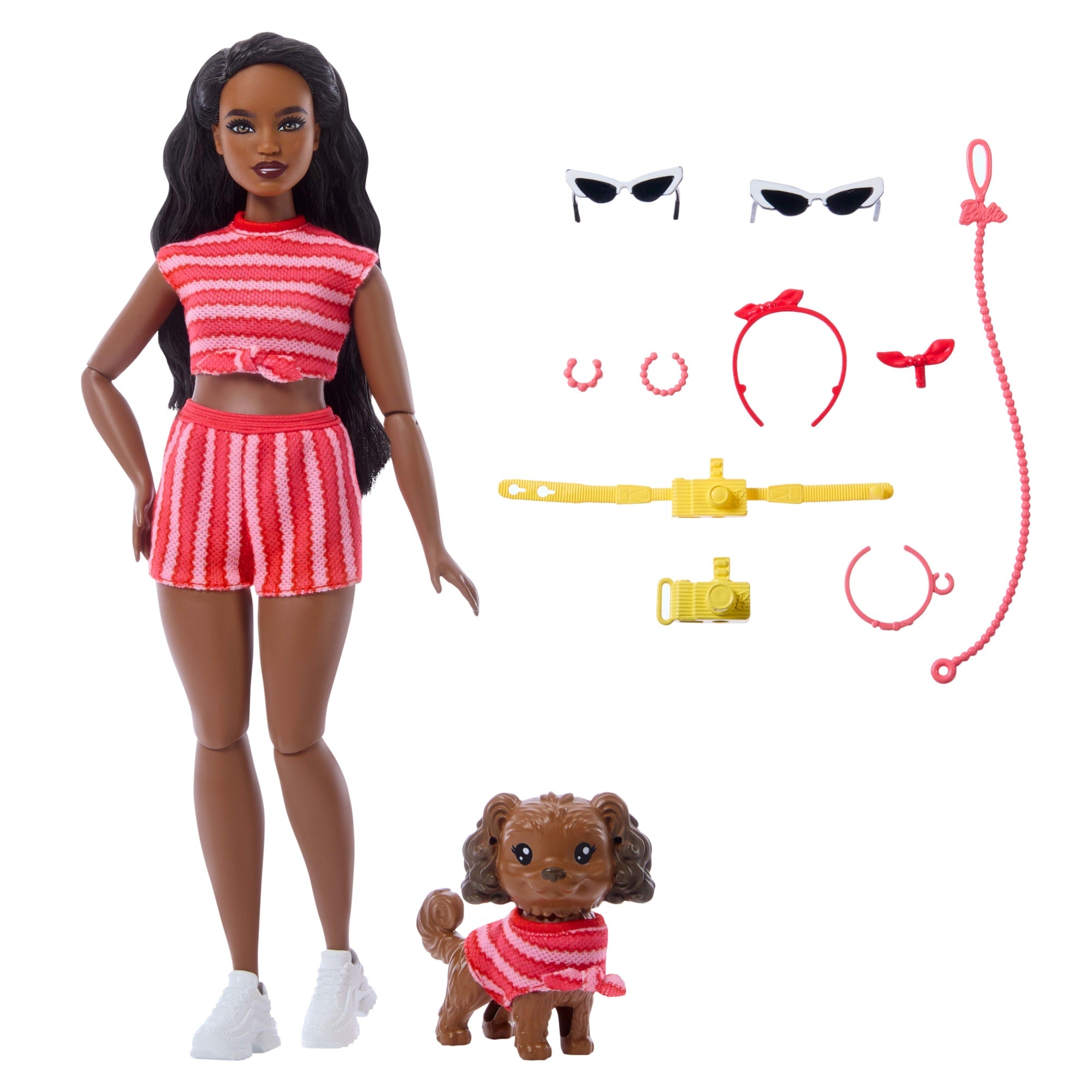 Barbie Twinning Looks Fashion Doll With Pet Dog, Matching Red Clothes & Accessories, Black Hair