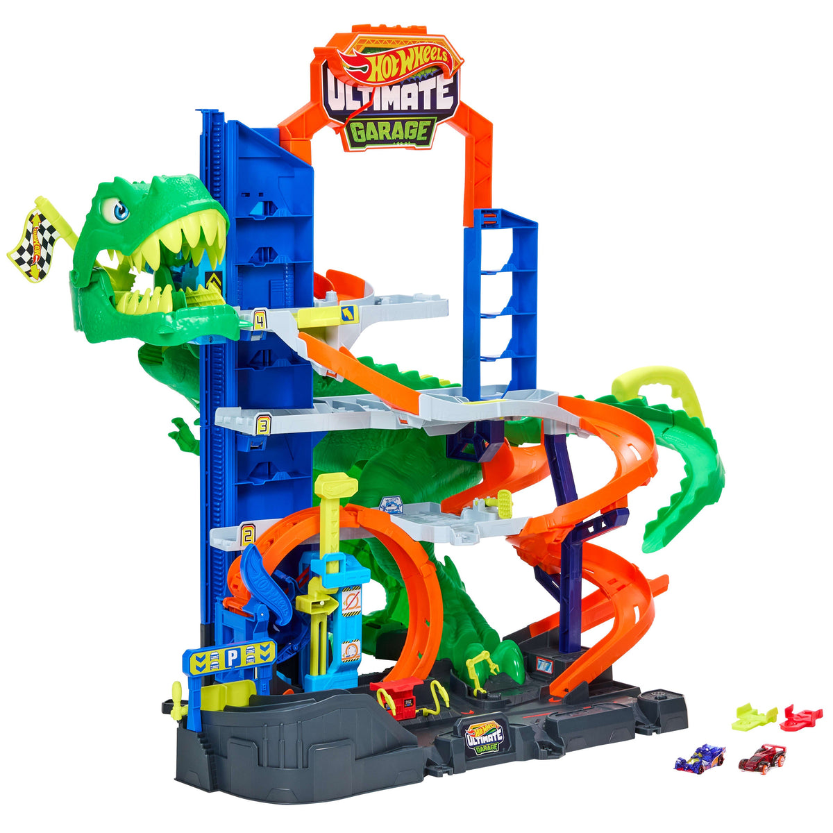 Hot Wheels City Ultimate T-Rex Garage With 2 Toy Cars & Storage For 50+, Race & Stunt, Dino Nemesis