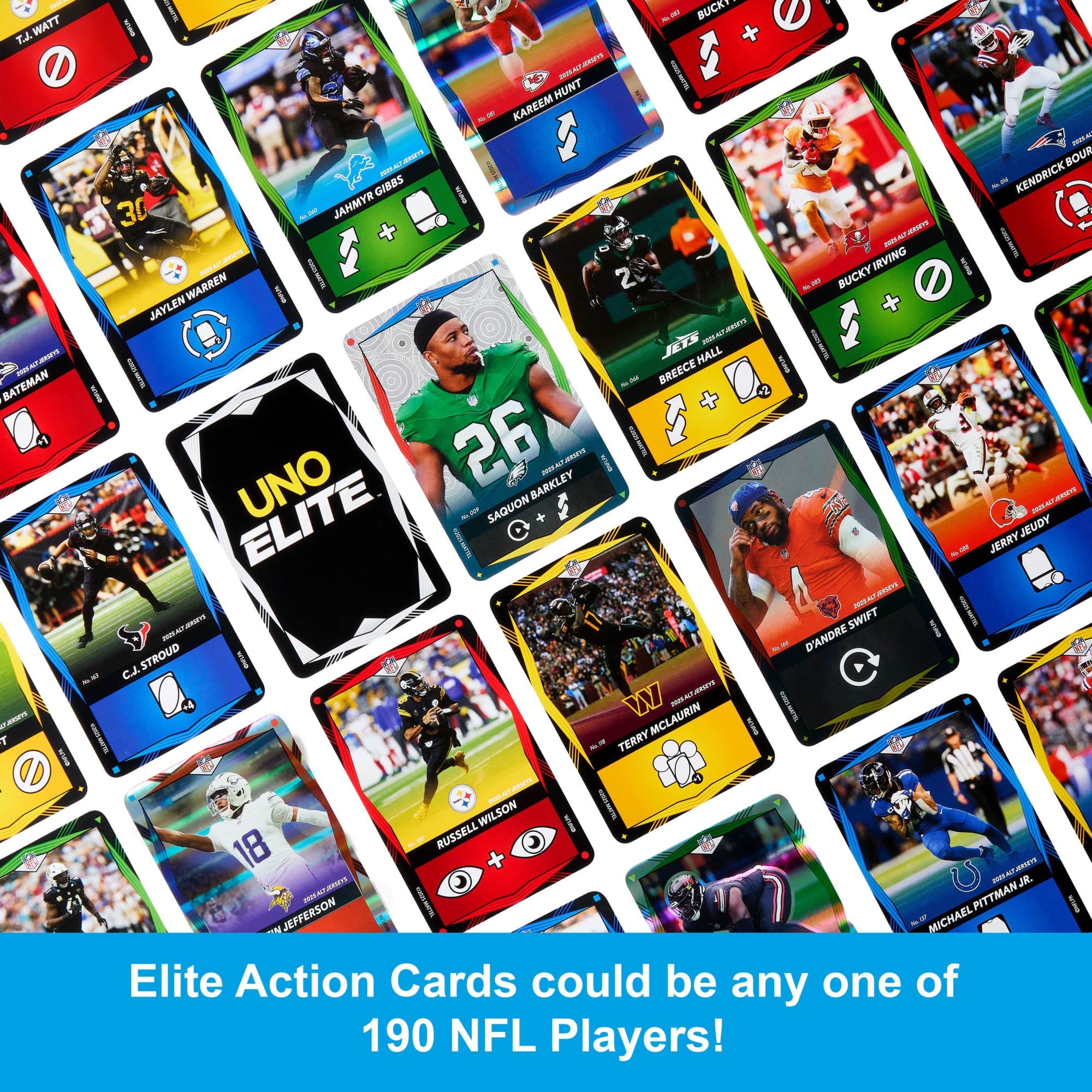 UNO Elite NFL Card Game 2025 Alt Jerseys Edition Starter Pack With 4 Booster Packs & 2 Promo Cards