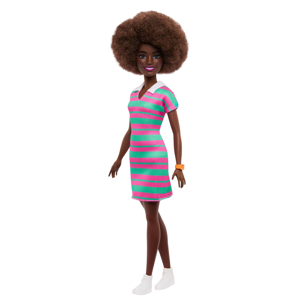 Barbie Fashionistas Doll #247 With Pink And Green Striped Dress, Curly Black Hair