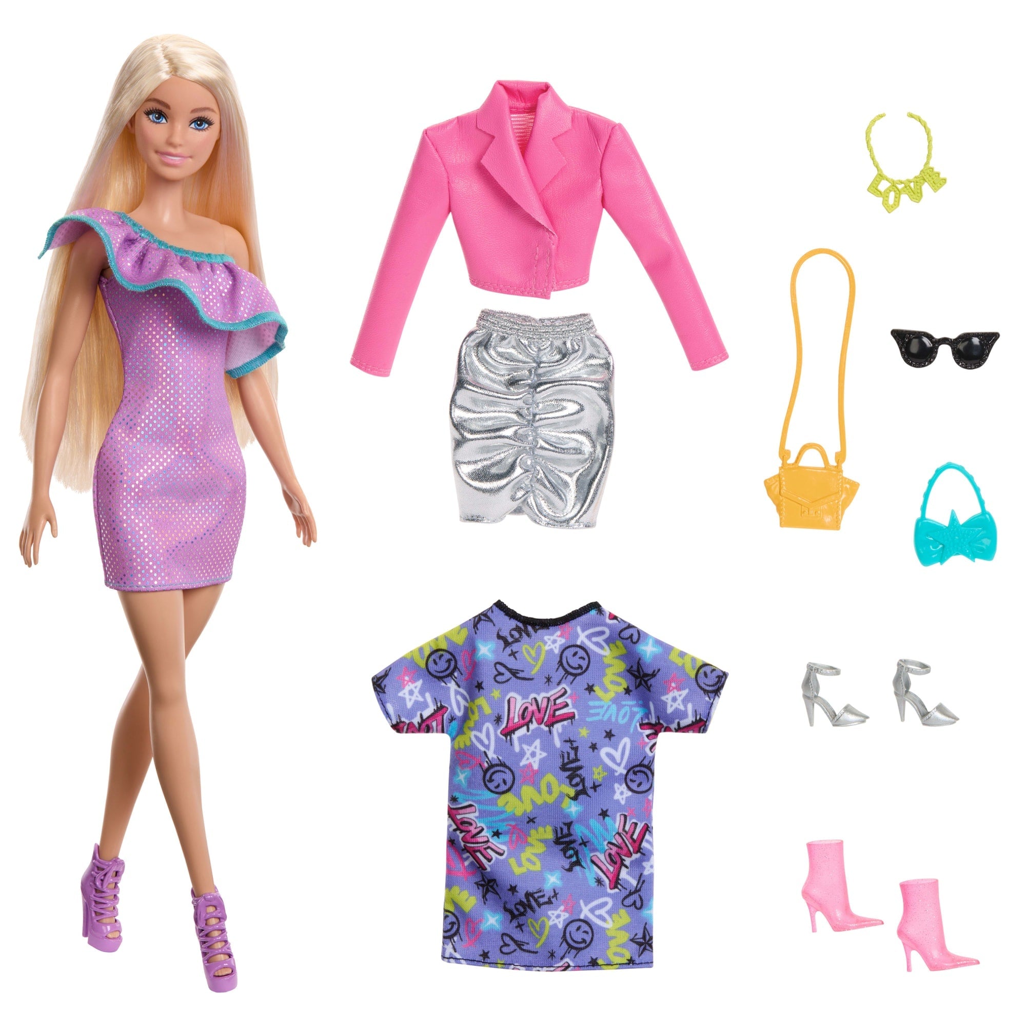 Barbie Fashion Doll With Clothes And Accessories including Party Dresses & Purses (3 Outfits)