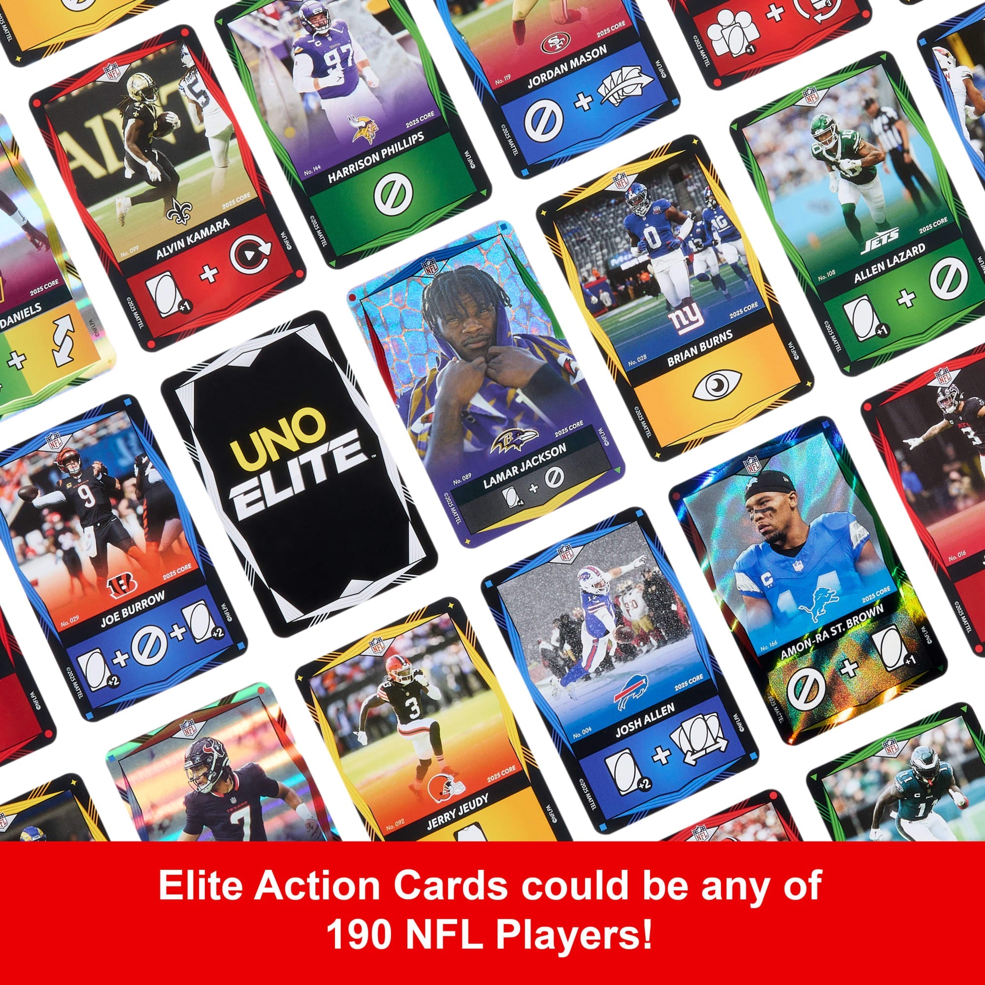 UNO Elite NFL Card Game 2025 Core Edition Starter Set With Deck, 4 Game Booster Packs & 2 Promo Cards
