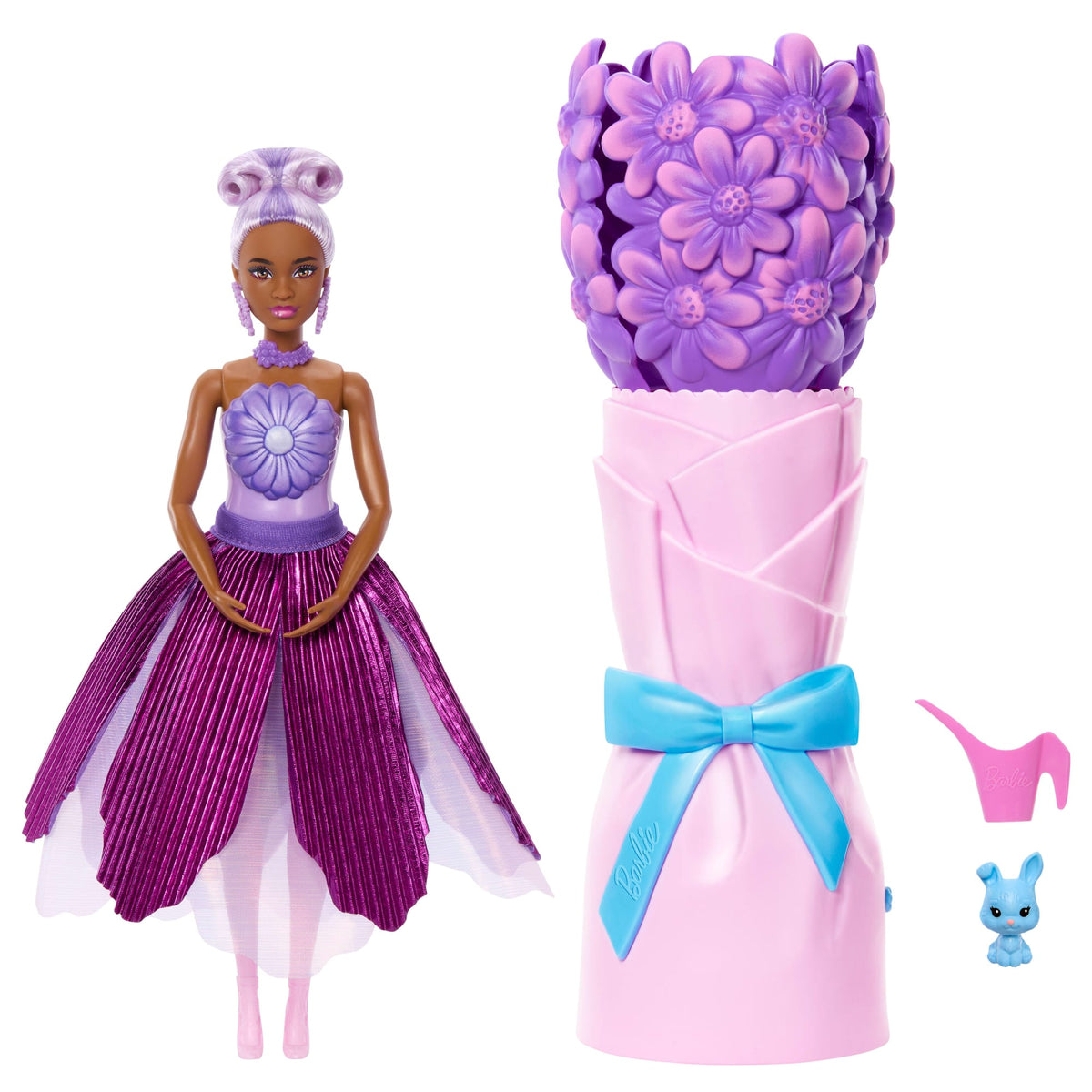 Barbie Petal Pop Scented Fashion Doll With Purple Dress, Reveal Accessories Like Bunny & More