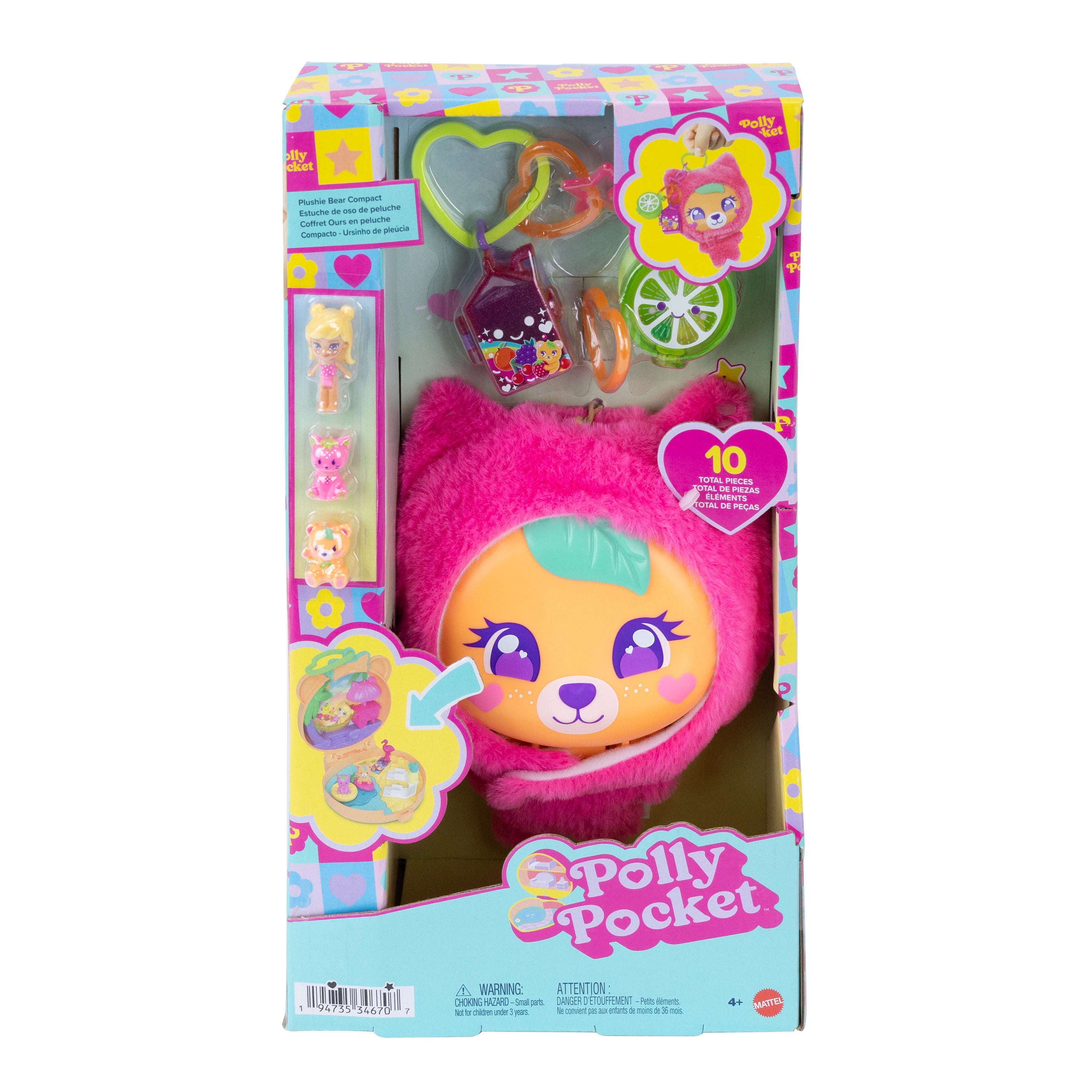 Polly Pocket Plushie Bear Compact, Doll & Keychain Playset With Pets, Fruit Themed Accessories