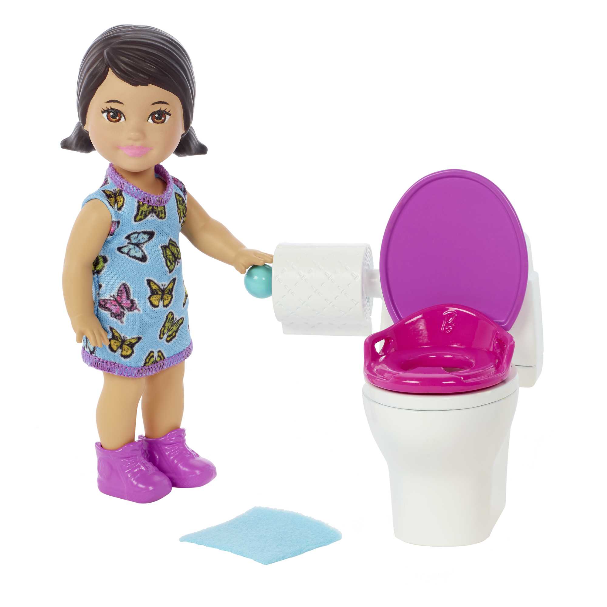Barbie Small Doll And Accessories, Babysitters Inc. Set With Toilet And 5 Pieces