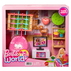 Barbie World Game Room Set With 19 Dollhouse Accessories including Furniture, Foosball Table & Pets