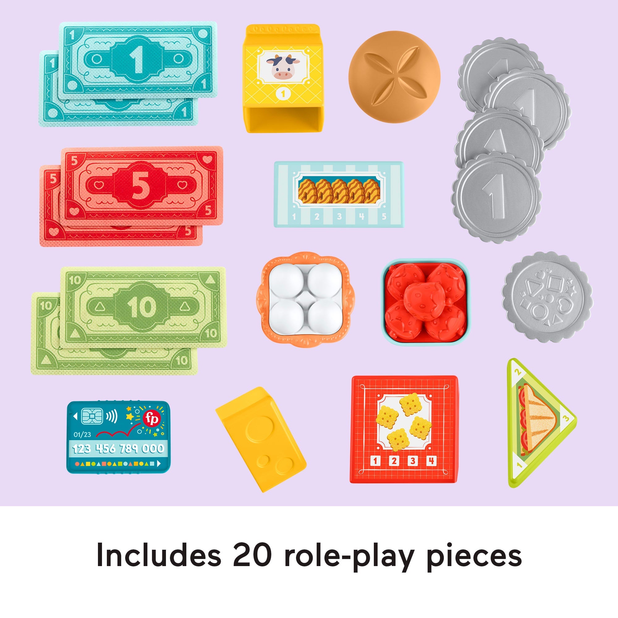 Fisher-Price Laugh & Learn Count & Shop Cash Register Electronic Toddler Learning Toy, 20 Pieces