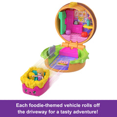 Polly Pocket Tiny Take Out Reveal Assortment, Micro Dolls & Compacts With Toy Cars, Food Theme Vehicle Collection