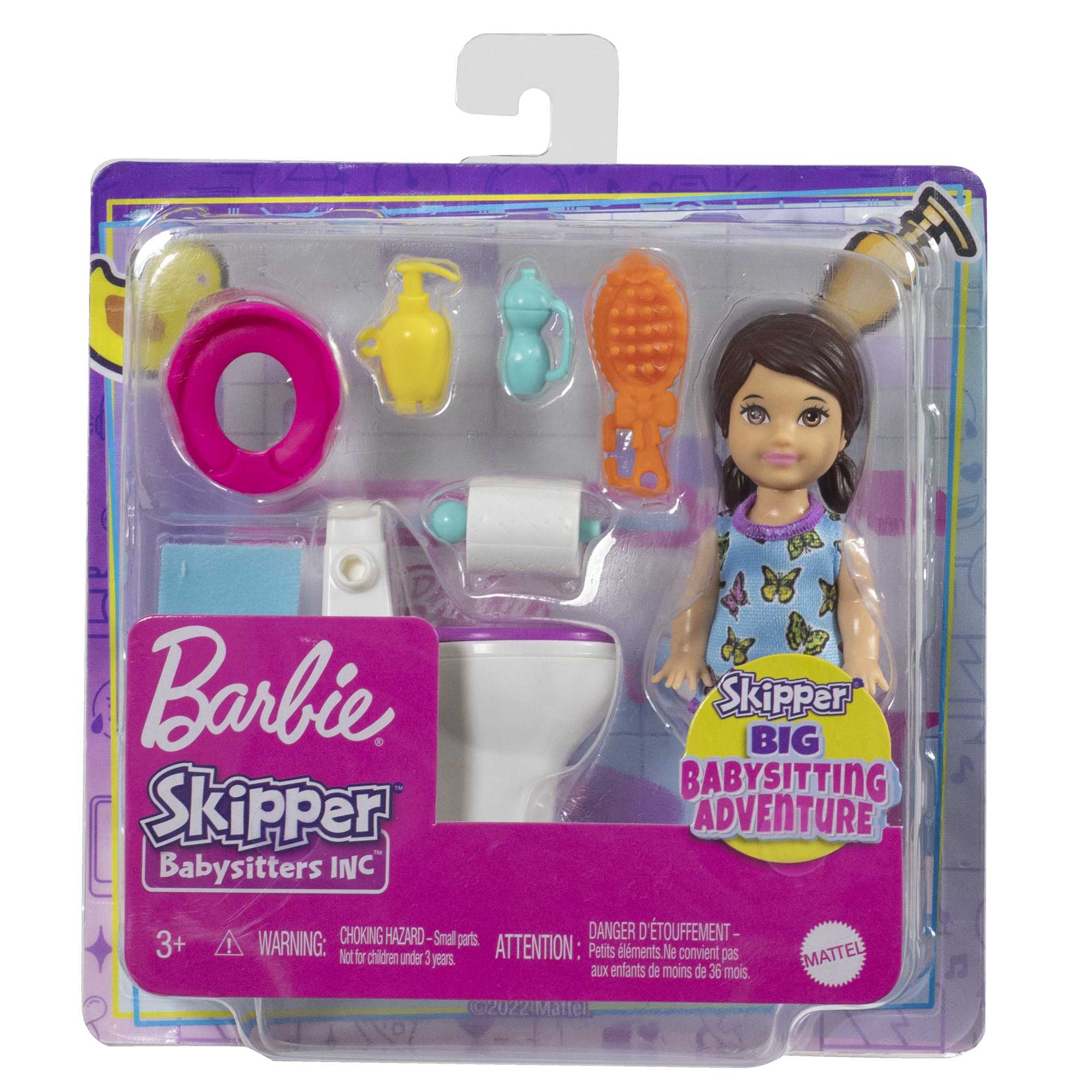 Barbie Small Doll And Accessories, Babysitters Inc. Set With Toilet And 5 Pieces