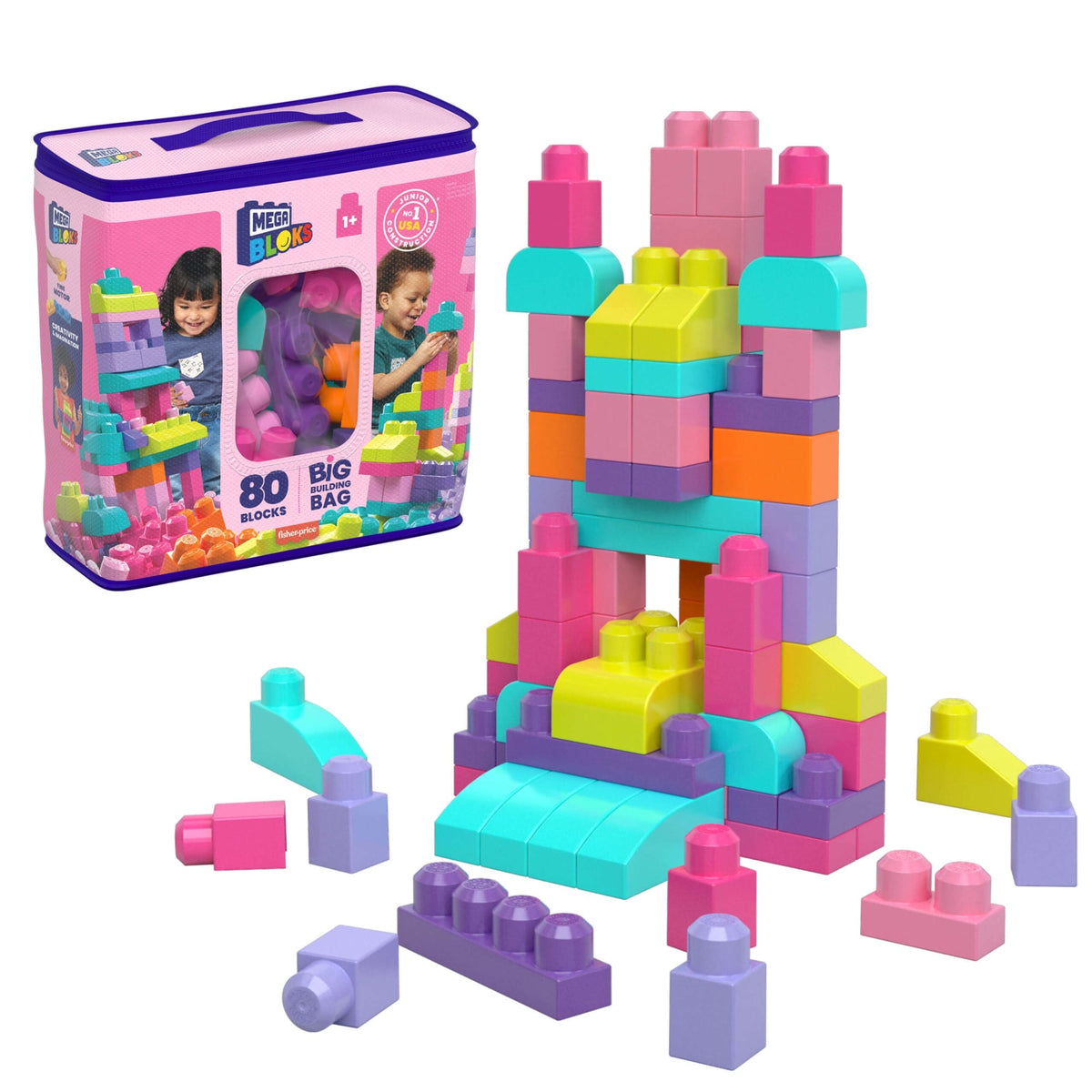 MEGA Bloks Fisher-Price Toy Blocks Pink Big Building Bag With Storage (80 Pieces) For Toddler