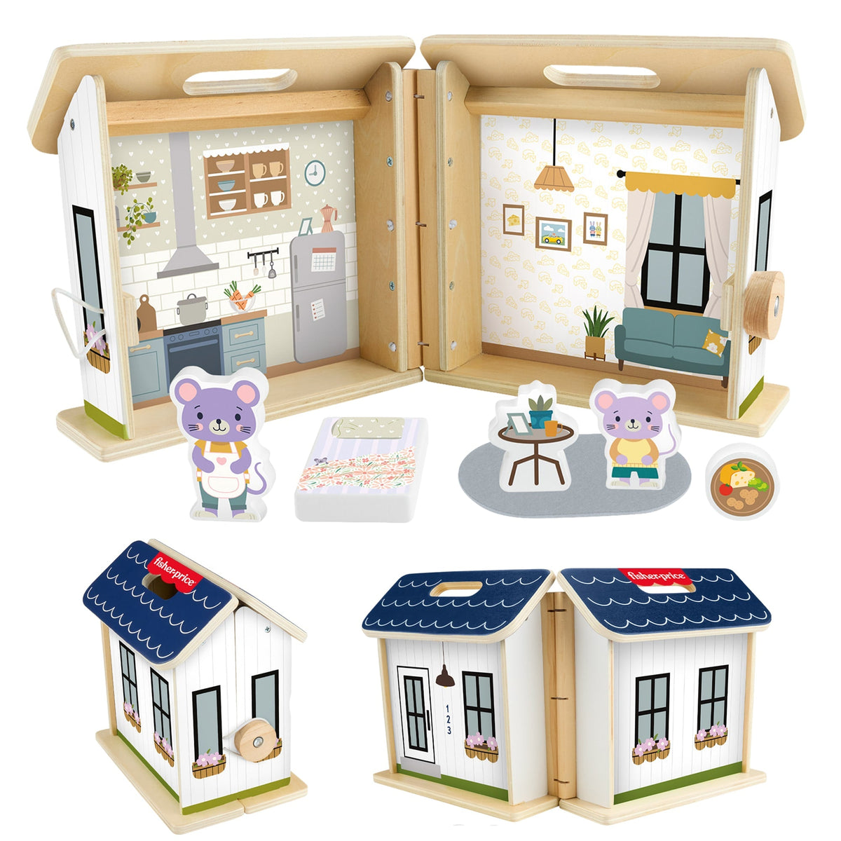 Fisher-Price Wooden On-The-Go Play House Dollhouse With 6 Play Pieces For Preschool Kids
