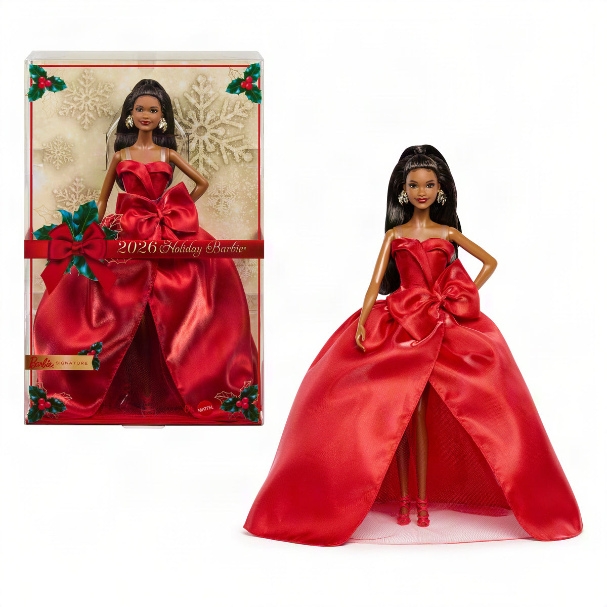 Barbie Signature 2026 Holiday Barbie Fashion Doll, Seasonal Collector, Black Hair With Red Gown With Bow Detail