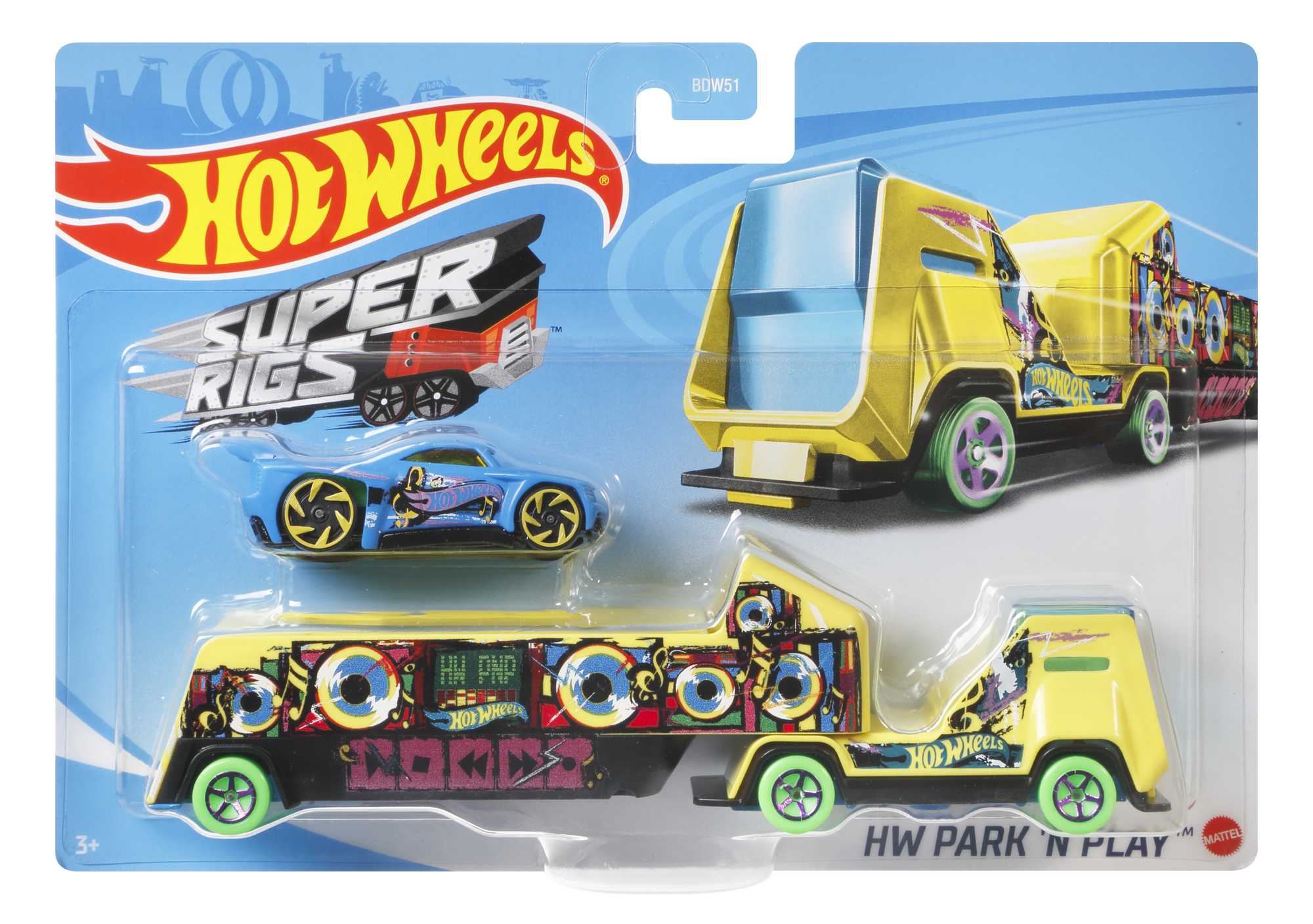 Hot Wheels Super Rigs, 1:64 Scale Toy Car And Matching Transporter, 2 Vehicles
