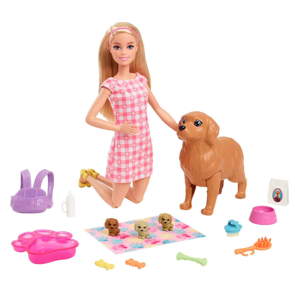 Barbie Doll Newborn Pups Playset With Blonde Doll, Mommy Dog And 3 Puppies, Kids Toys