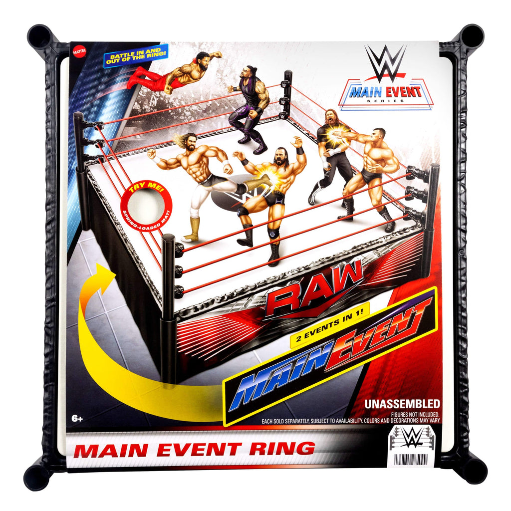 WWE Superstar Ring With Labels For Main EVent & Raw, Spring-Loaded With Elastic Ring Ropes