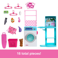 Barbie World Spinning Washer & Dryer Toy Playset With Laundry Accessories Like Hangers, Basket, & More
