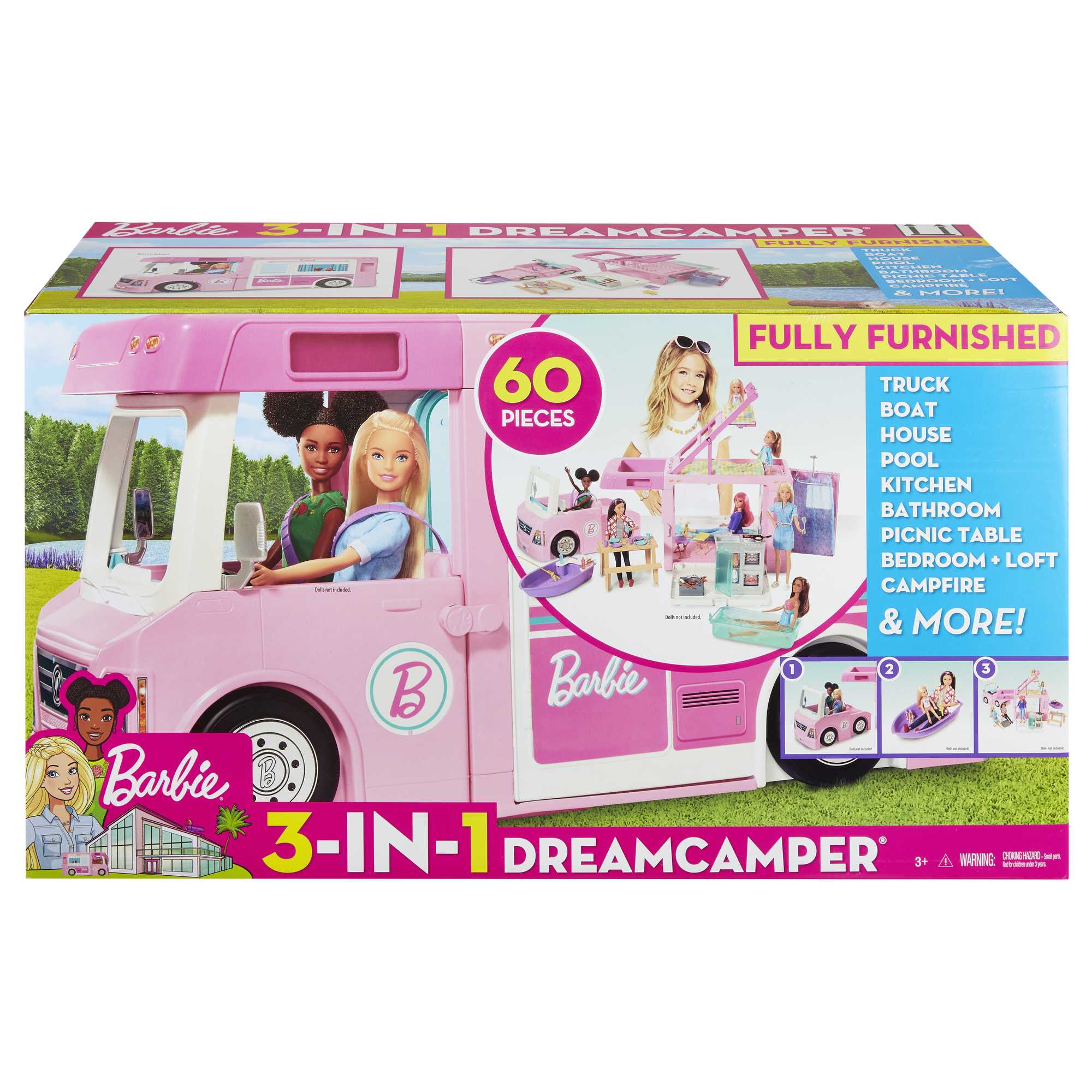Barbie Camper, Doll Playset With 50 Accessories, Truck, Boat And House, 3-In-1 Dream Camper