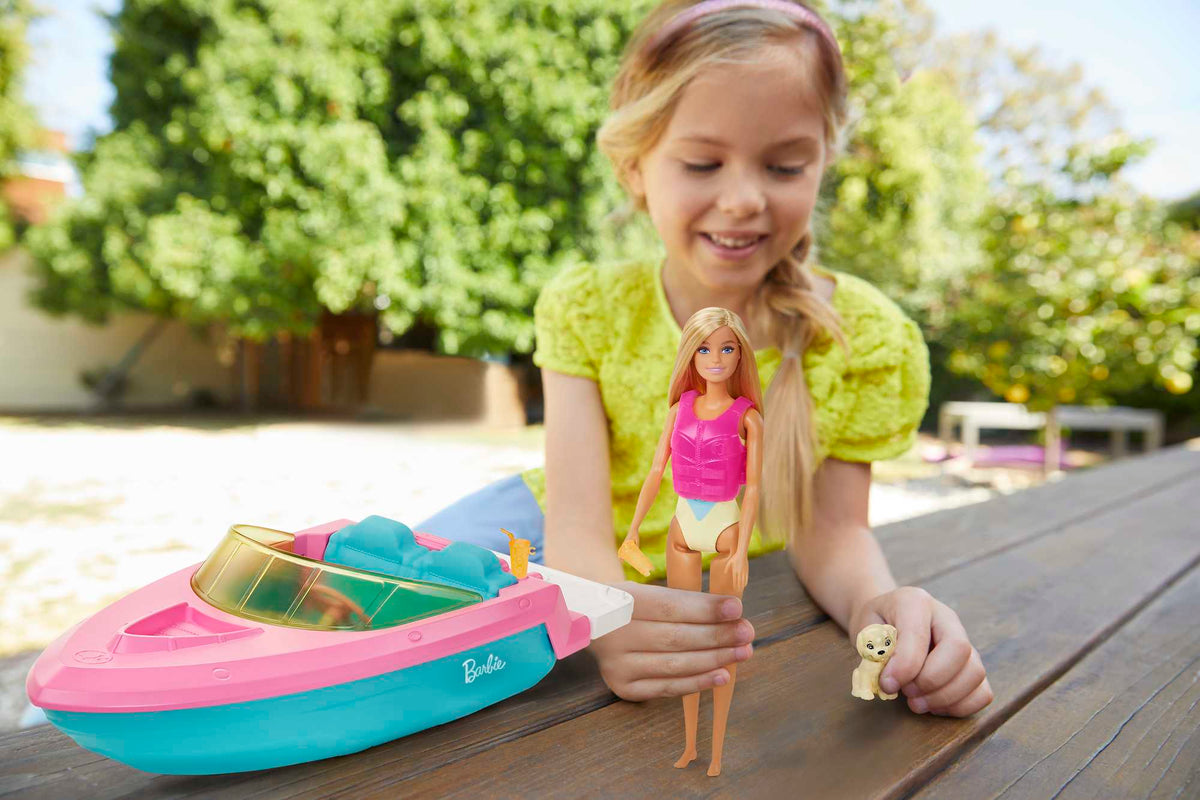 Barbie Boat With Puppy And Accessories, Fits 3 Dolls, Floats in Water, 3 To 7 Year Olds