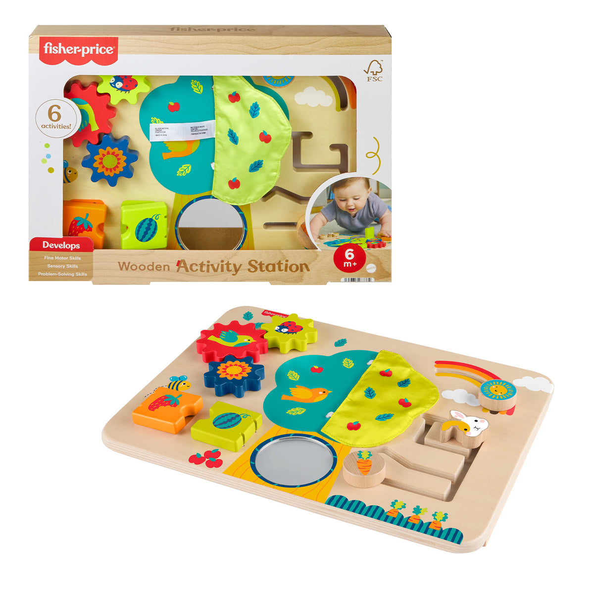 Fisher-Price Wooden Activity Station Baby Busy Board Toy For Developmental Play, 1 Wood Piece