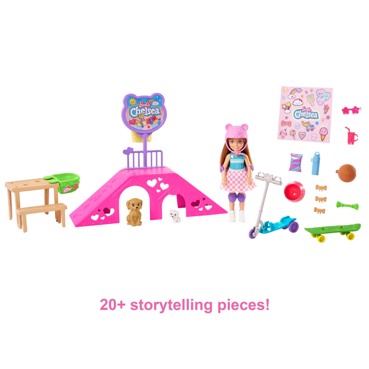 Barbie Chelsea Doll And Accessories, Skatepark Playset With 2 Puppies And 15+ Pieces