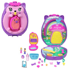 Polly Pocket Hedgehog Mom & Baby Purse Playset With 2 Dolls & 16 Accessories including Pets