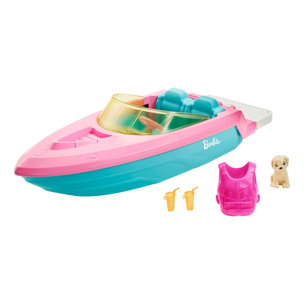Barbie Boat With Puppy And Accessories, Fits 3 Dolls, Floats in Water, 3 To 7 Year Olds