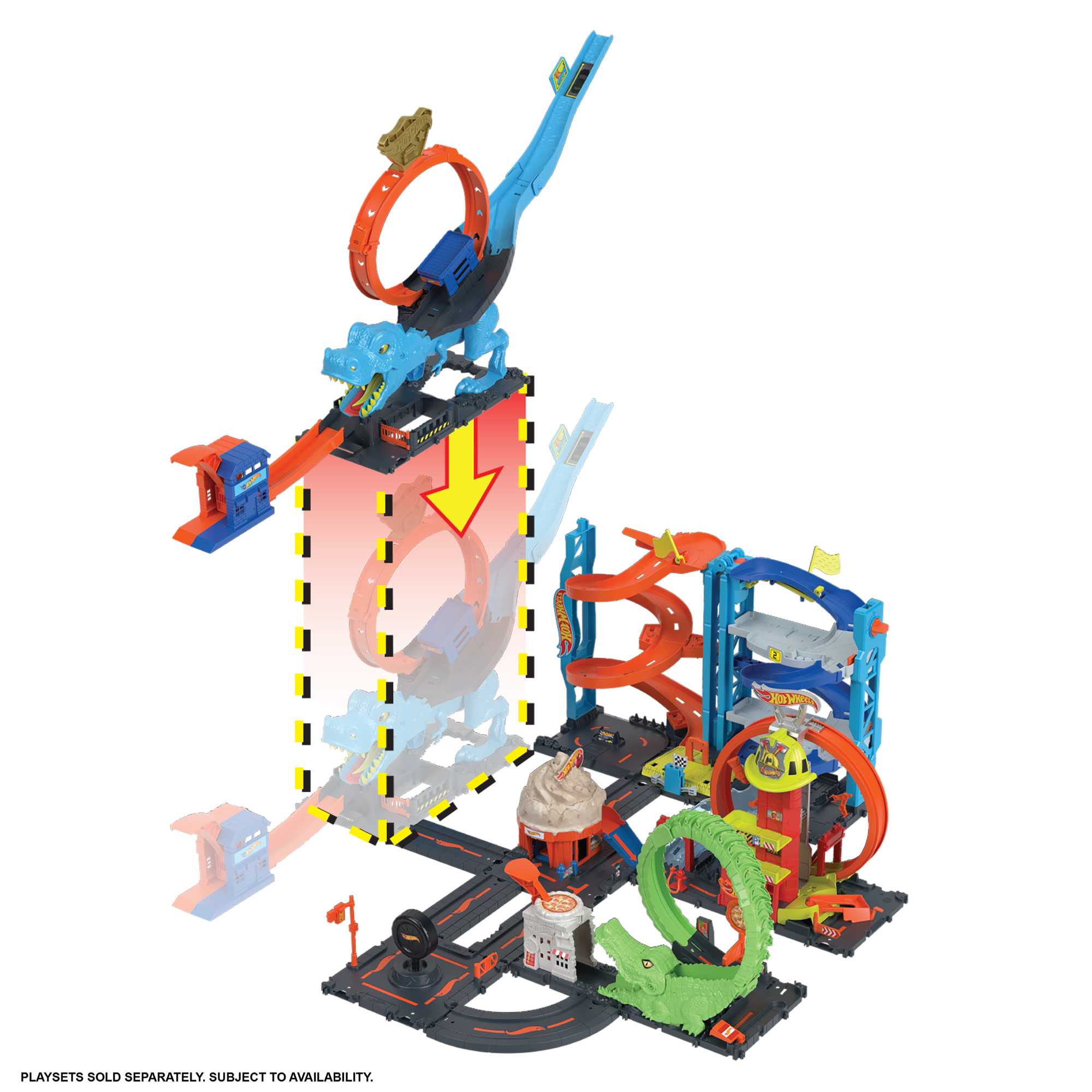 Hot Wheels City-L’Attaque du T-Rex-Coffret Looping, 1 Voiture Incluse