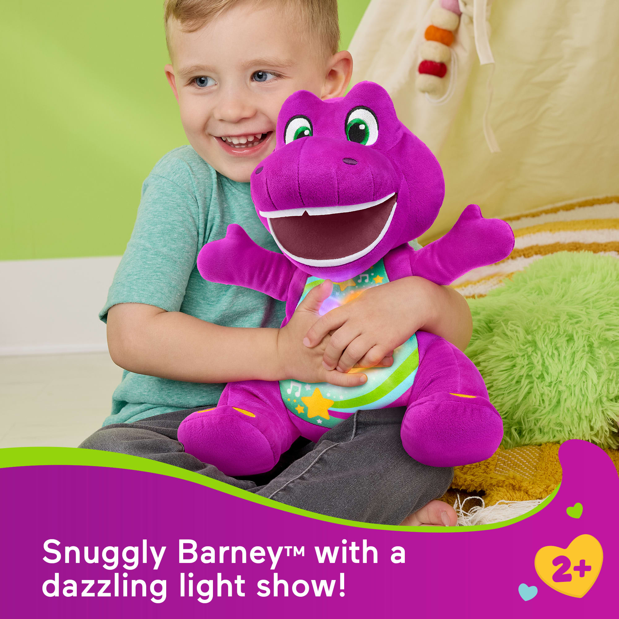 Fisher-Price Barney's World Heart Glow Barney Plush Toy With Music & Lights For Toddlers & Kids, Multilanguage Version