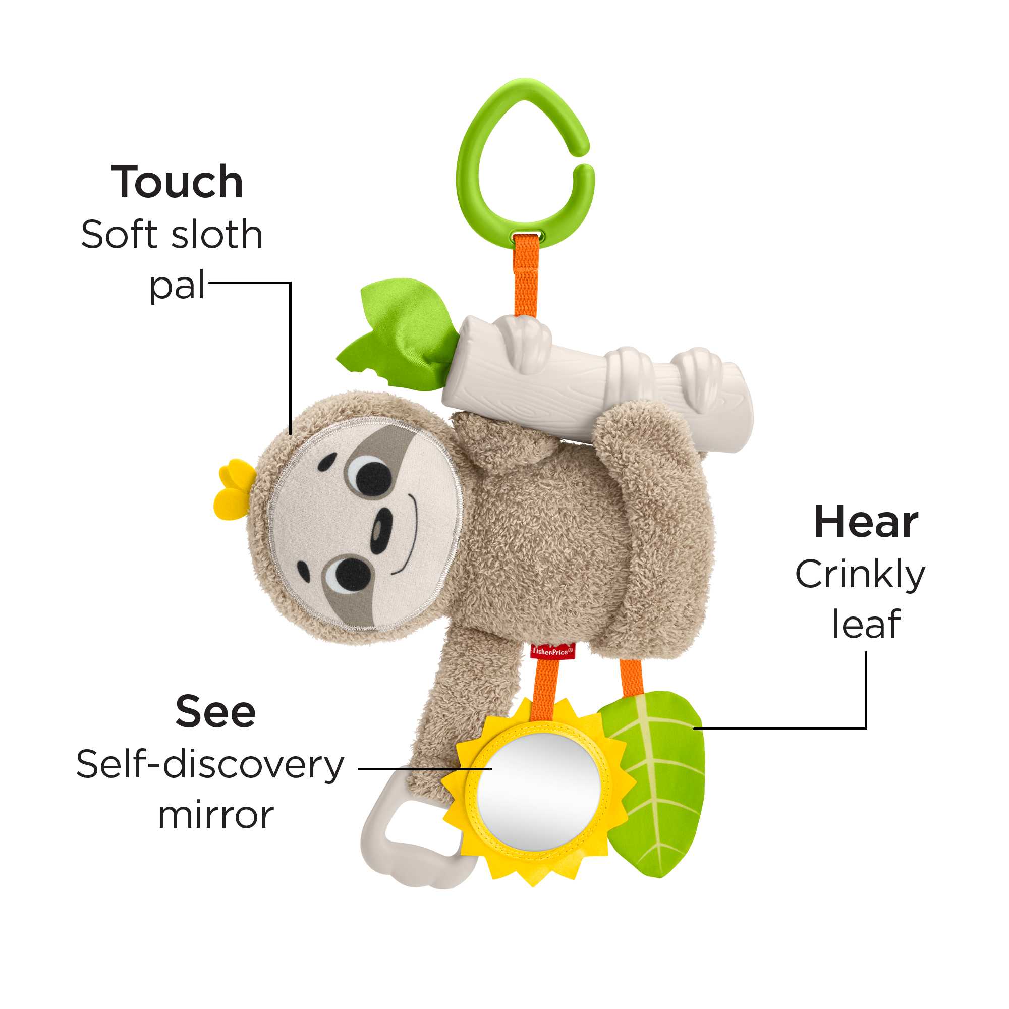 Fisher-Price Slow Much Fun Stroller Sloth Baby Toy With Sensory Details For Newborns